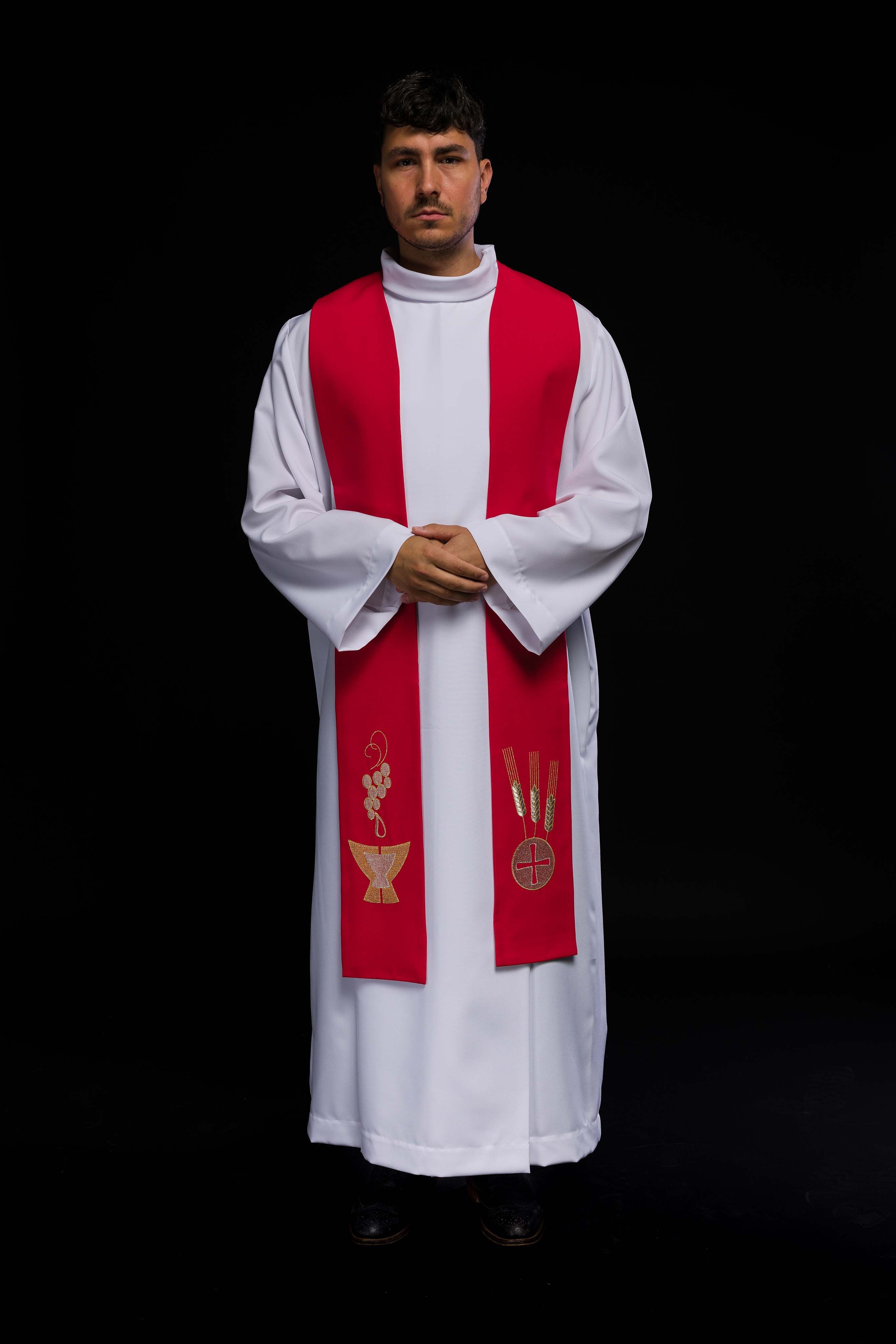 Red embroidered priest's stole Chalice, Ears and Grapes