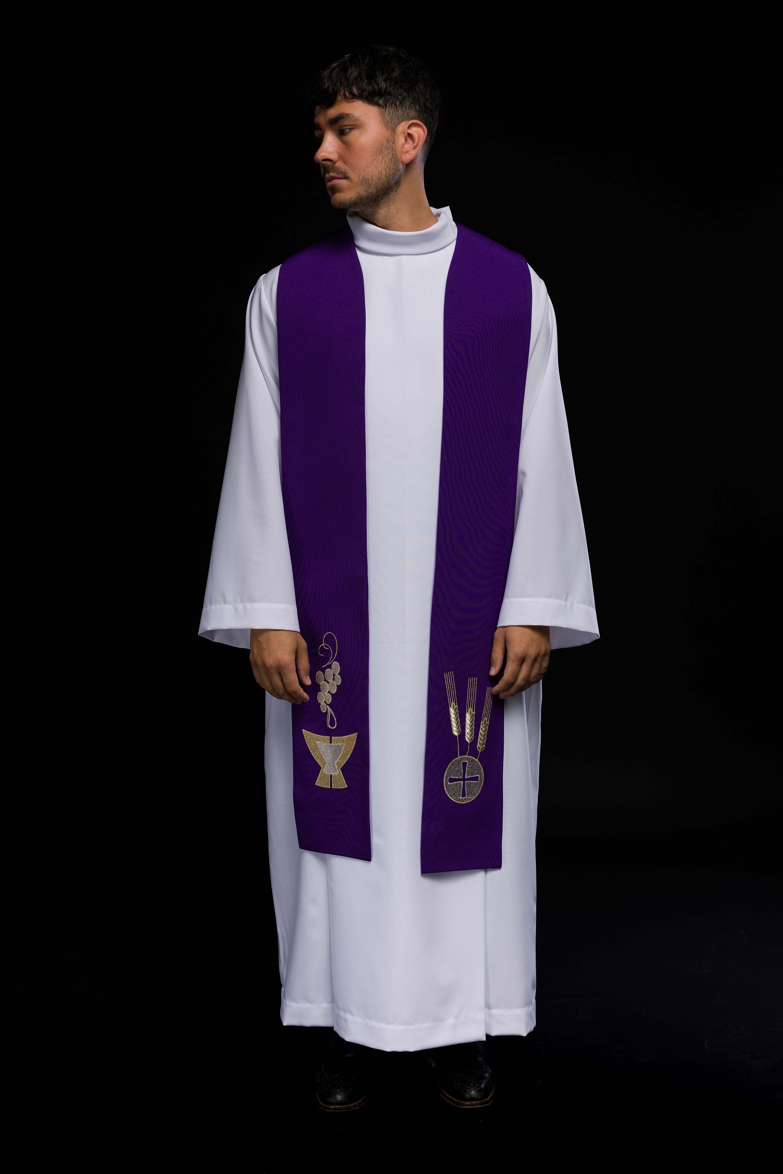 Purple embroidered priest's stole Chalice, Spikes and Grapes
