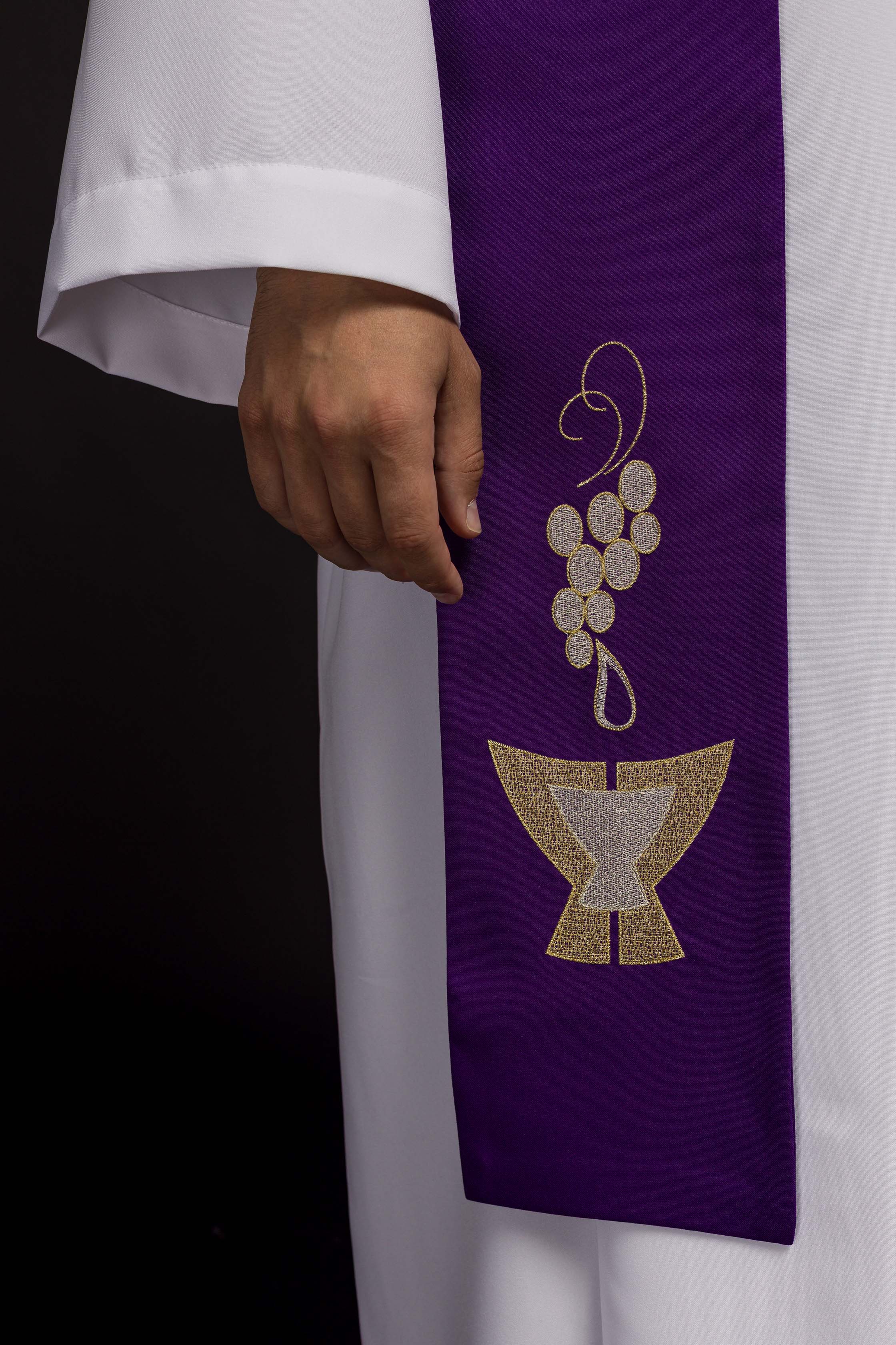 Purple embroidered priest's stole Chalice, Spikes and Grapes