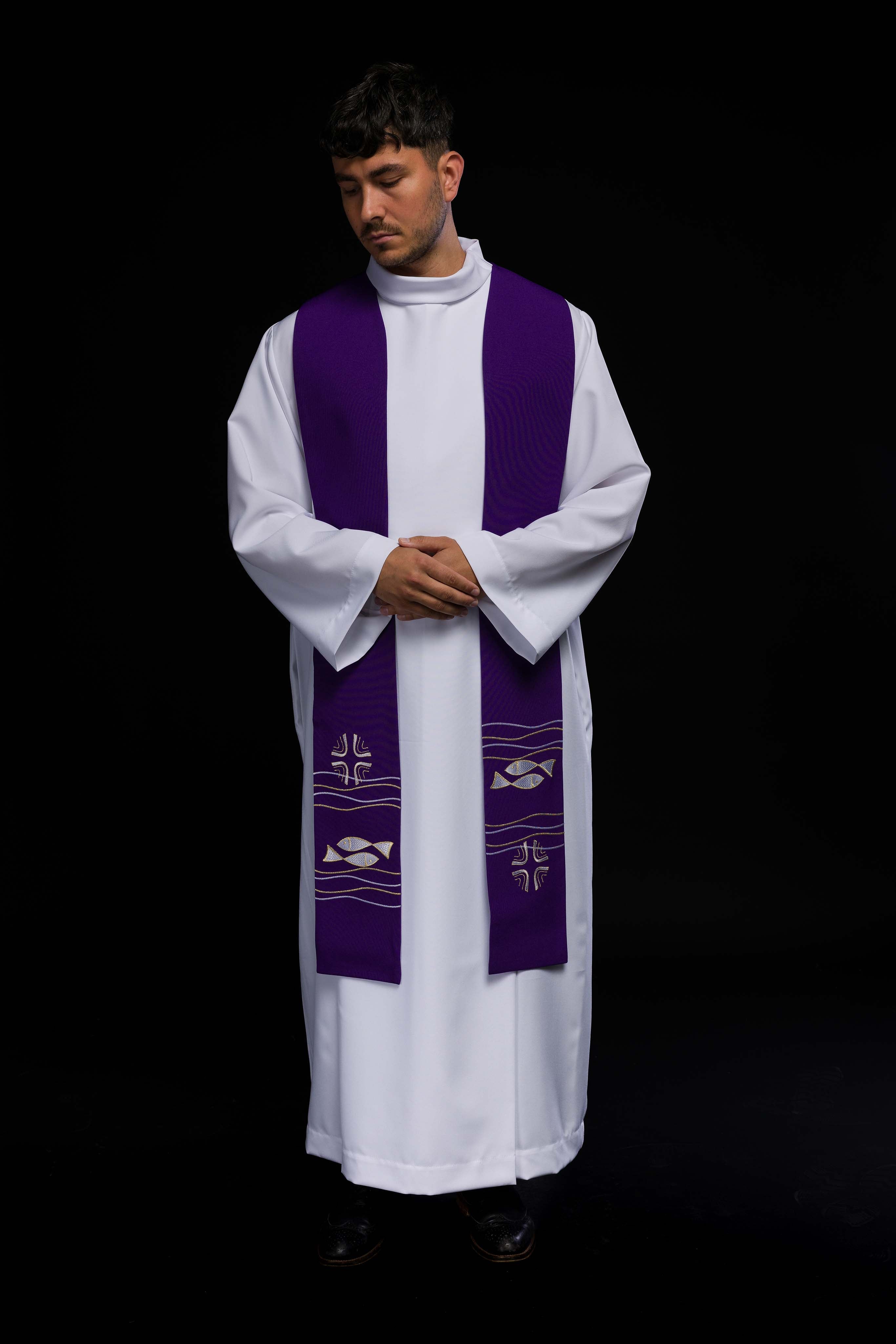 Embroidered priest's stole Fish Purple