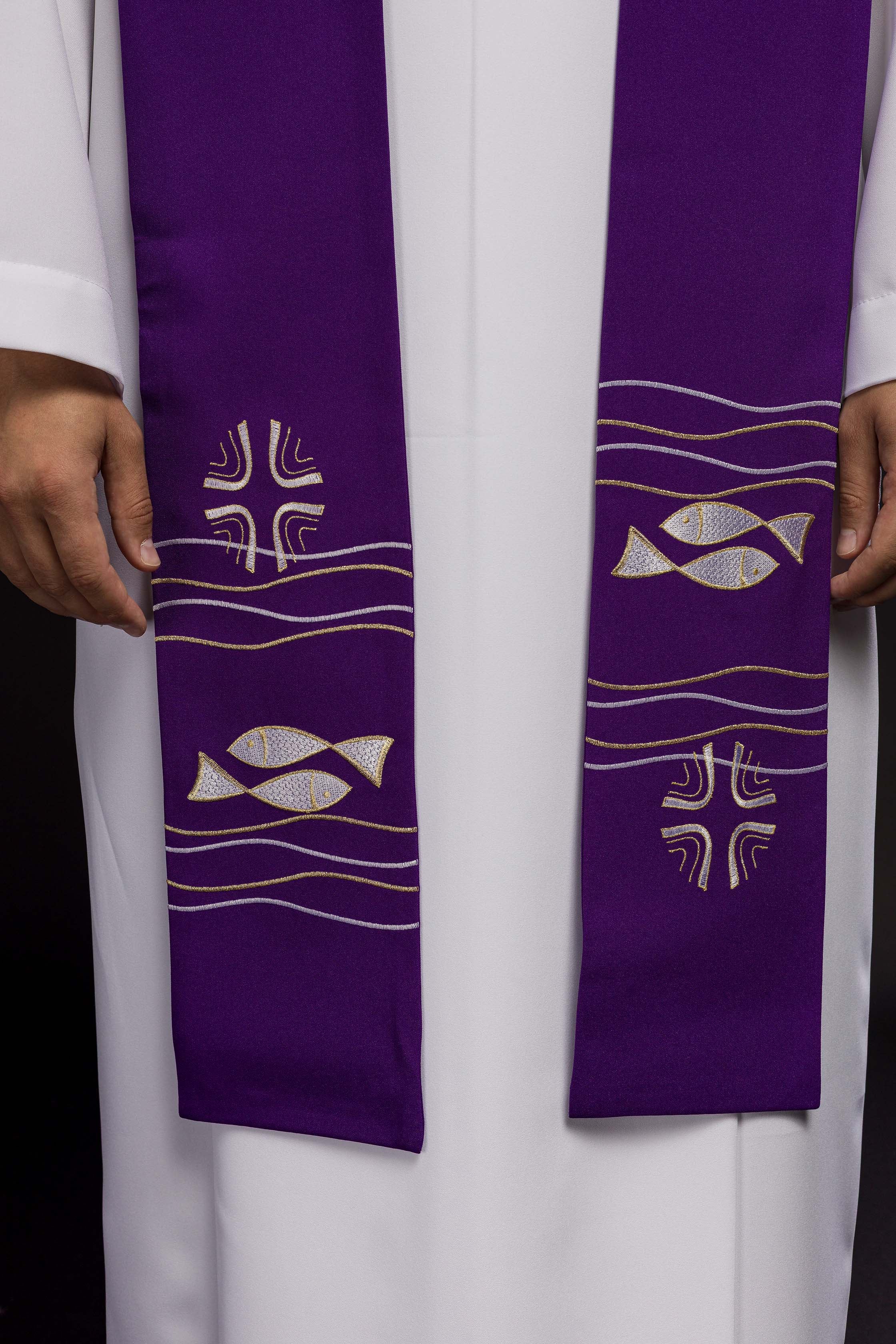 Embroidered priest's stole Fish Purple