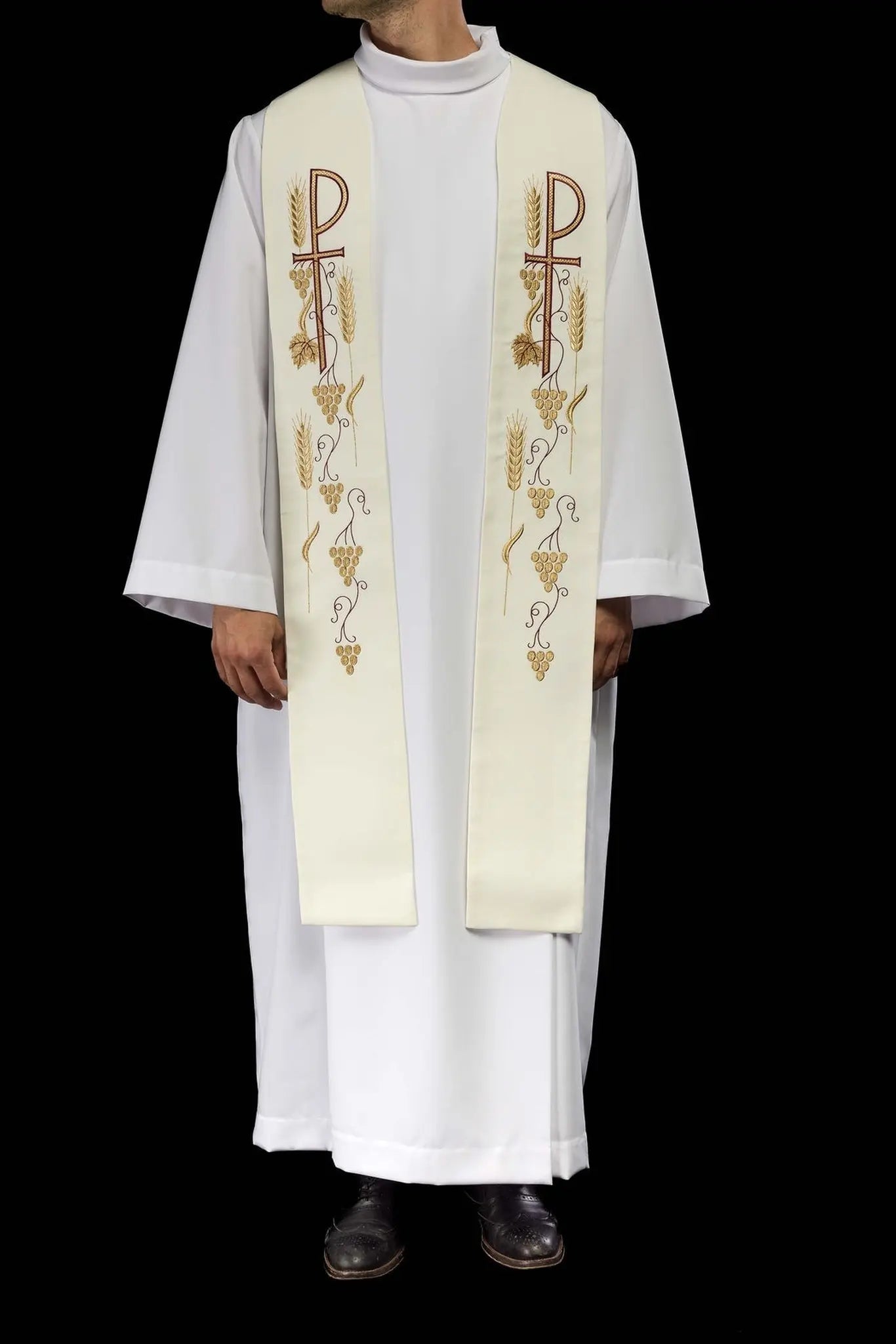Priestly stole embroidered cross with grapes ecru