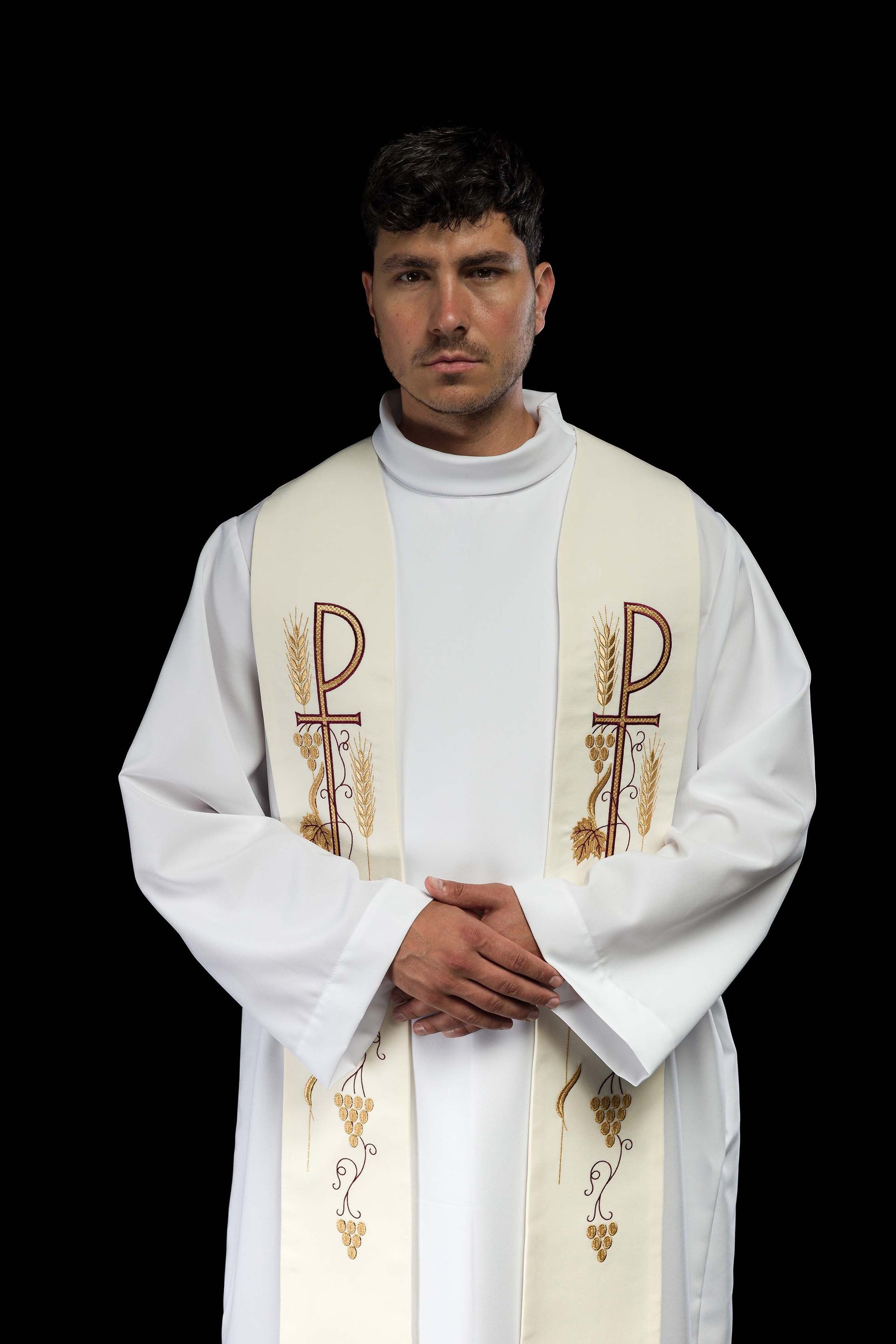 Priestly stole embroidered cross with grapes ecru