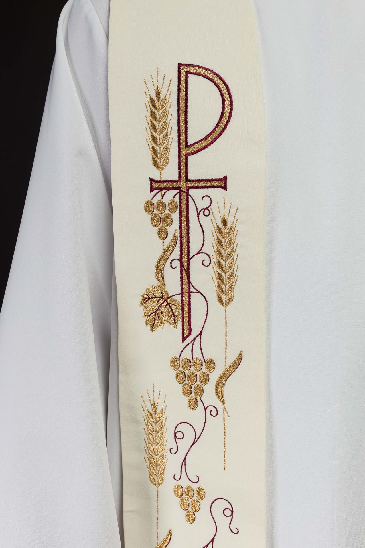 Stuła kapłańska haftowana krzyż z winogronami ecru - ORNATY.PL