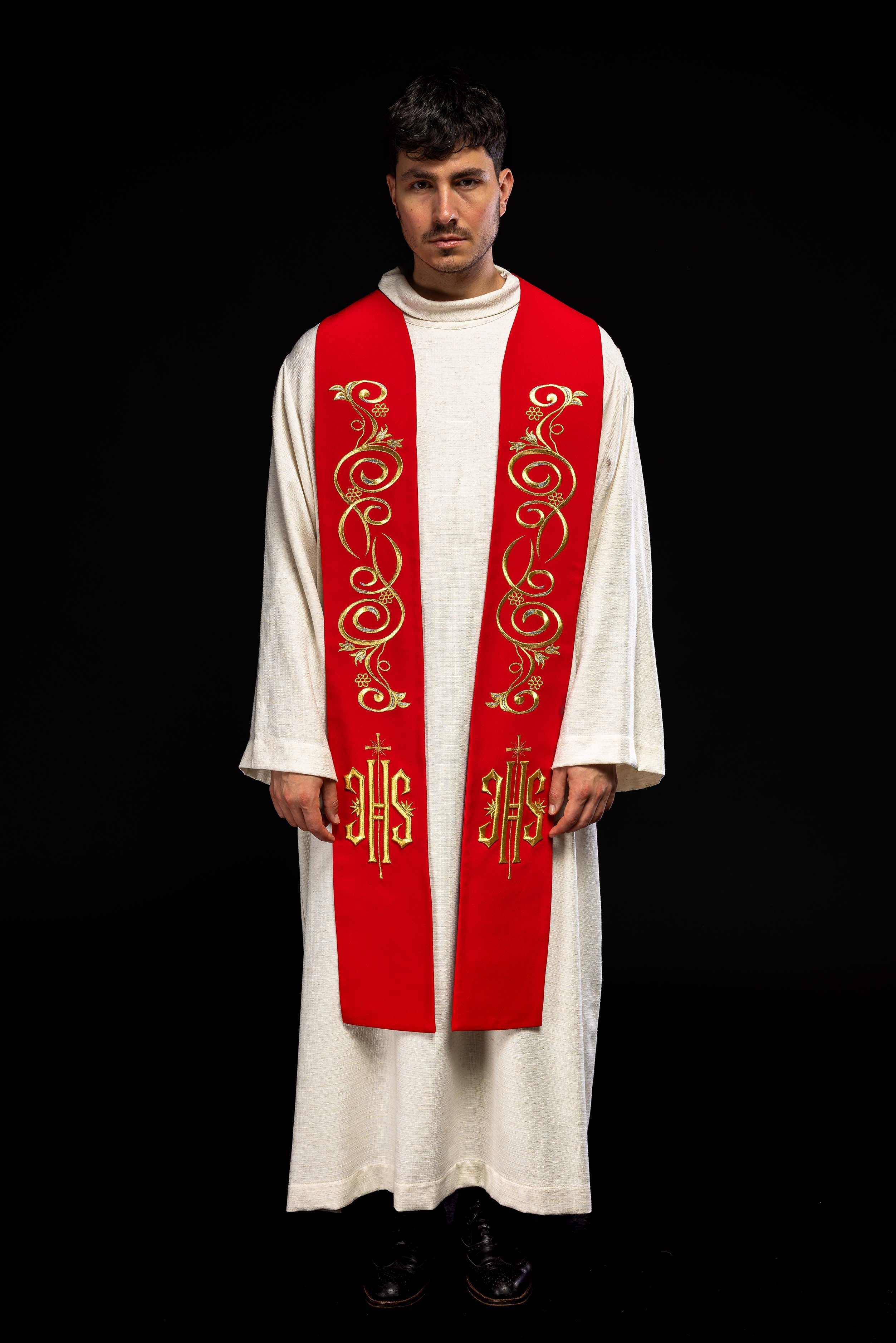 Embroidered priest's stole IHS Red