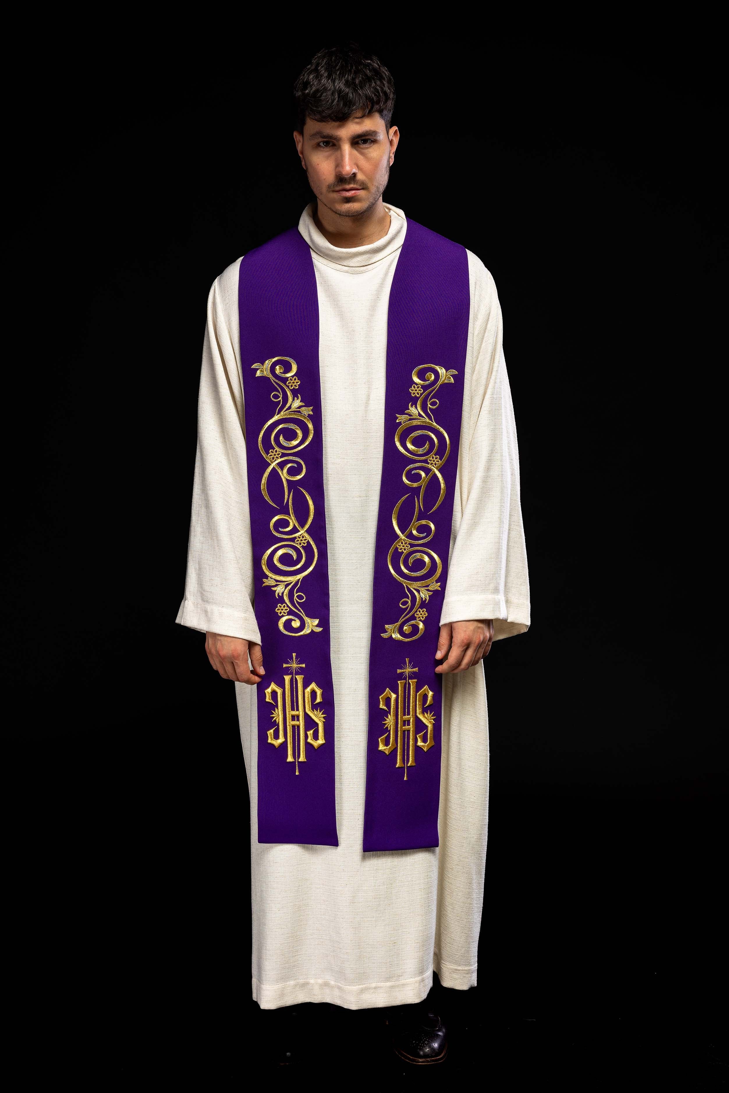 Embroidered priest's stole IHS Purple
