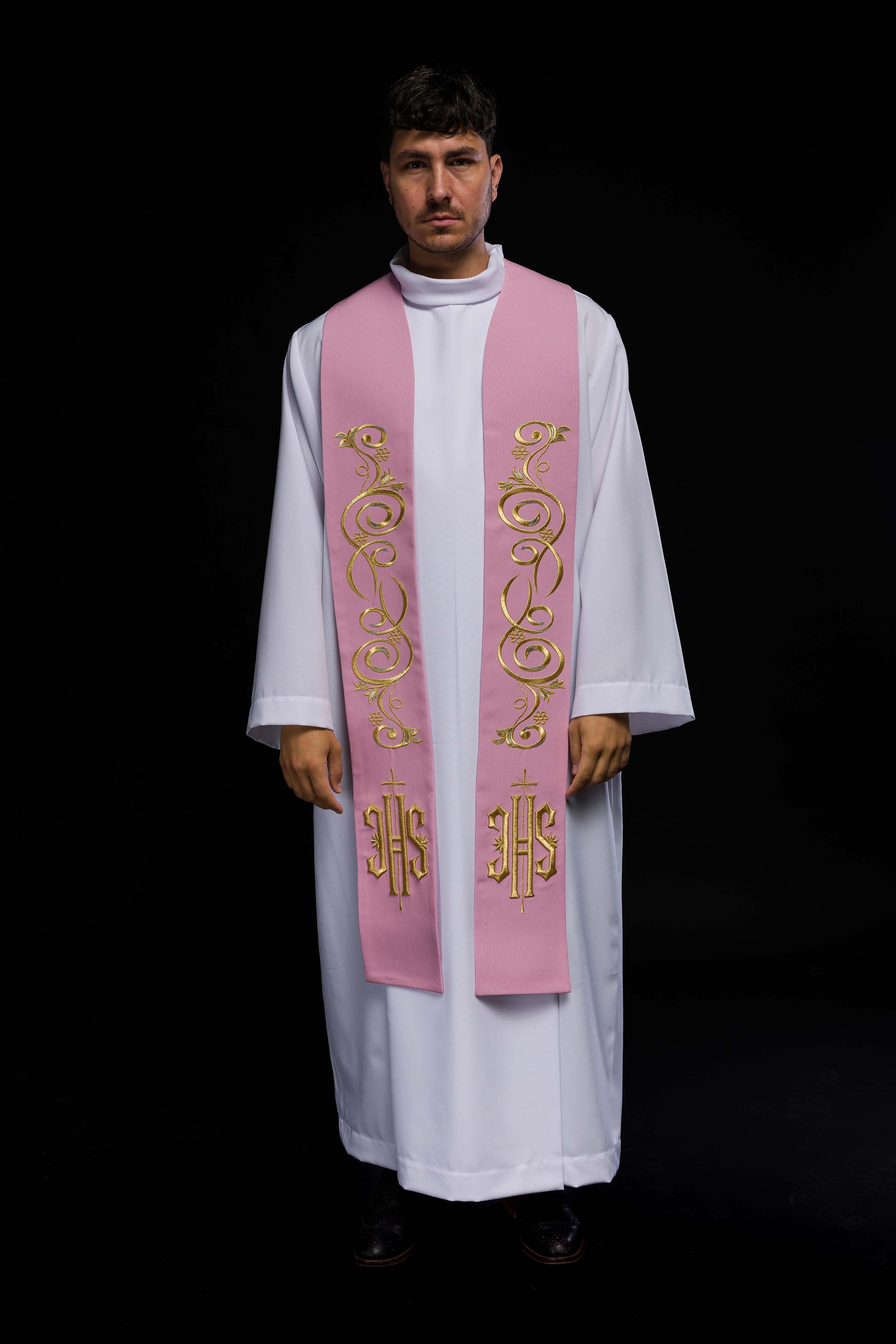 Embroidered priest's stole IHS Pink