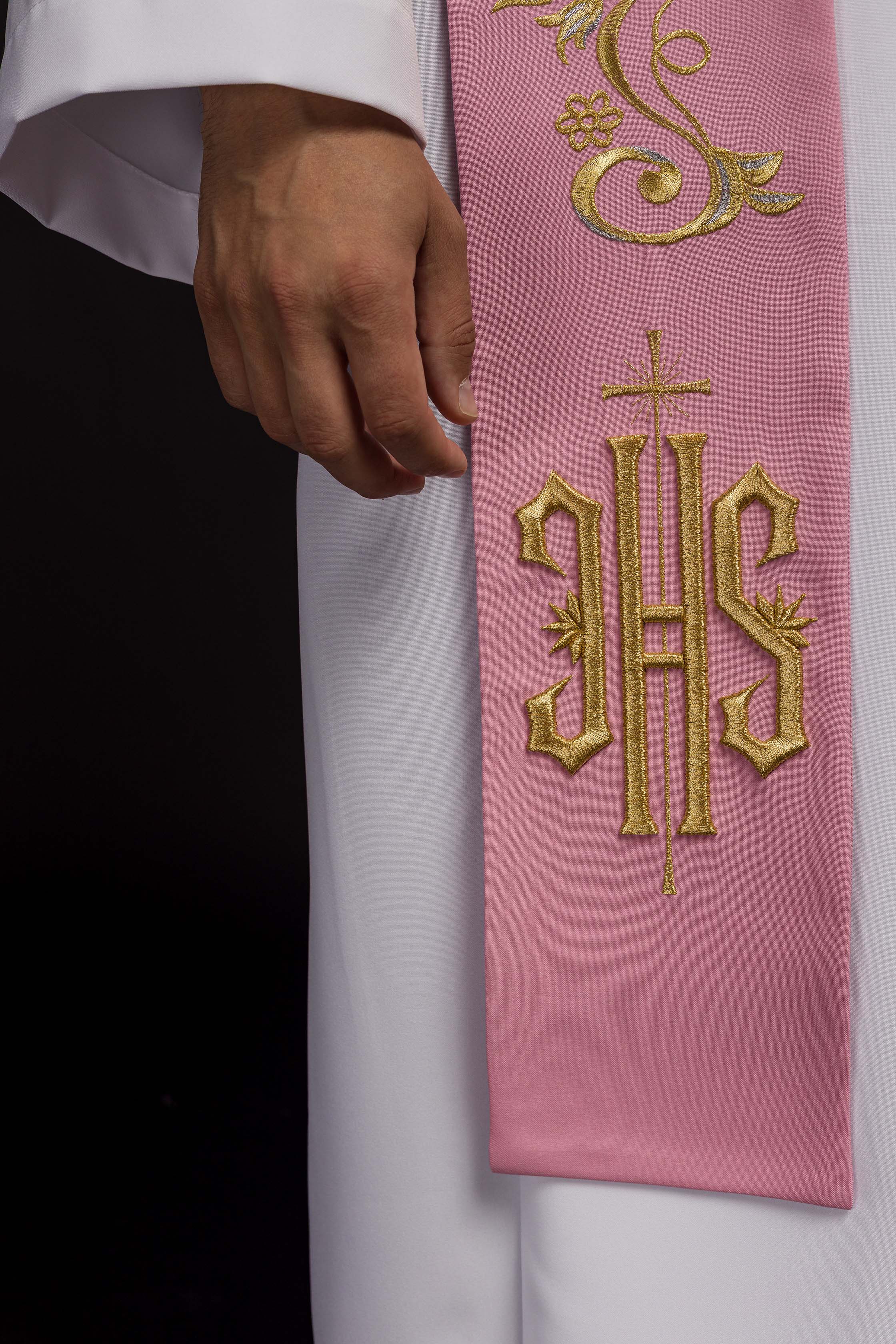 Embroidered priest's stole IHS Pink