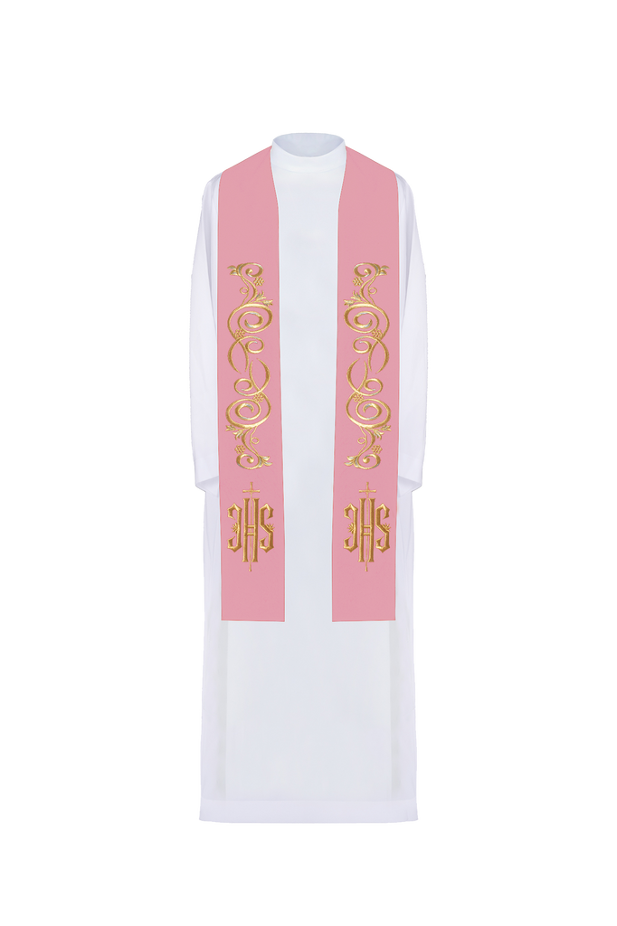 Stuła kapłańska haftowana IHS Różowa