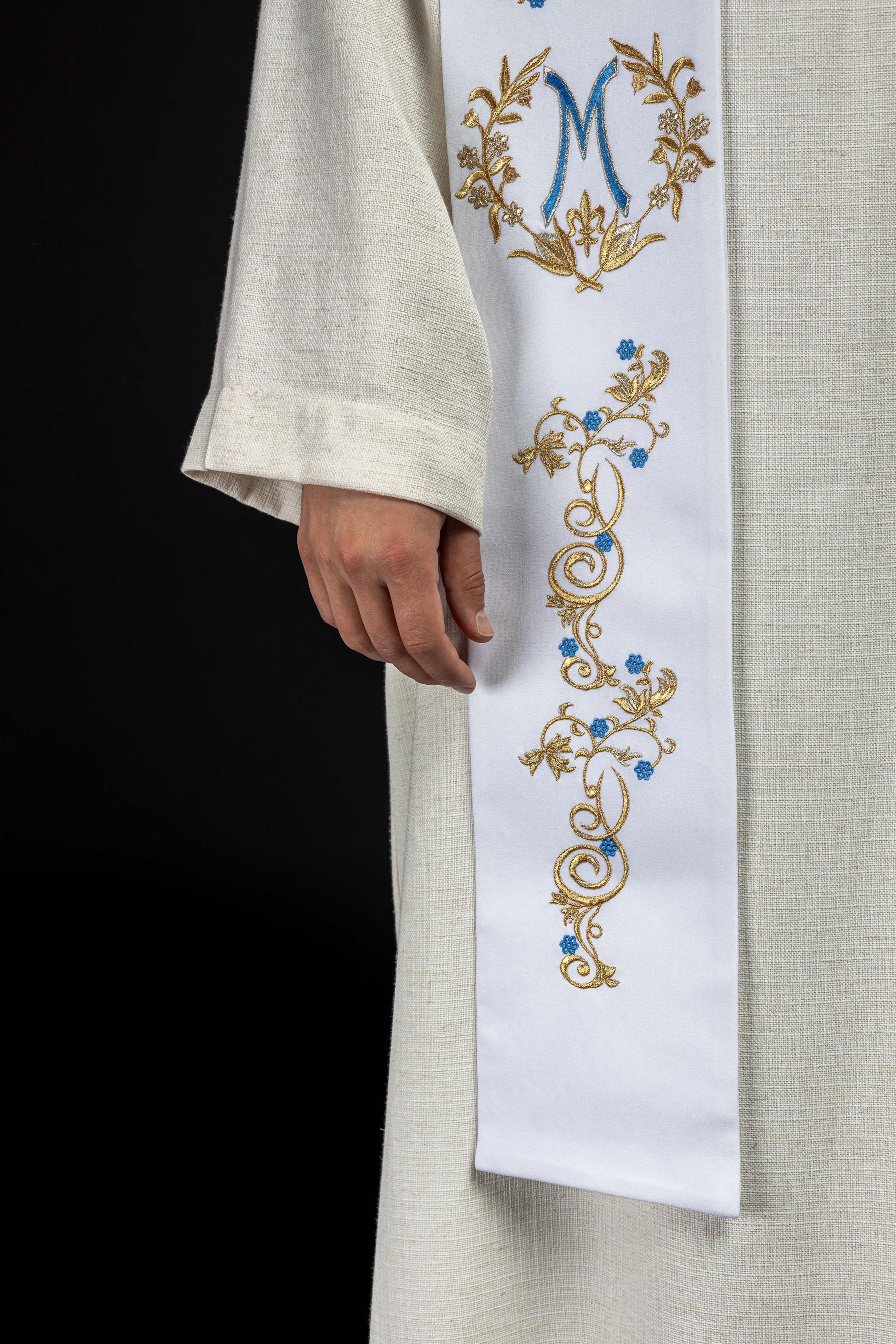 Stuła kapłańska haftowana Maryjna Biała - ORNATY.PL