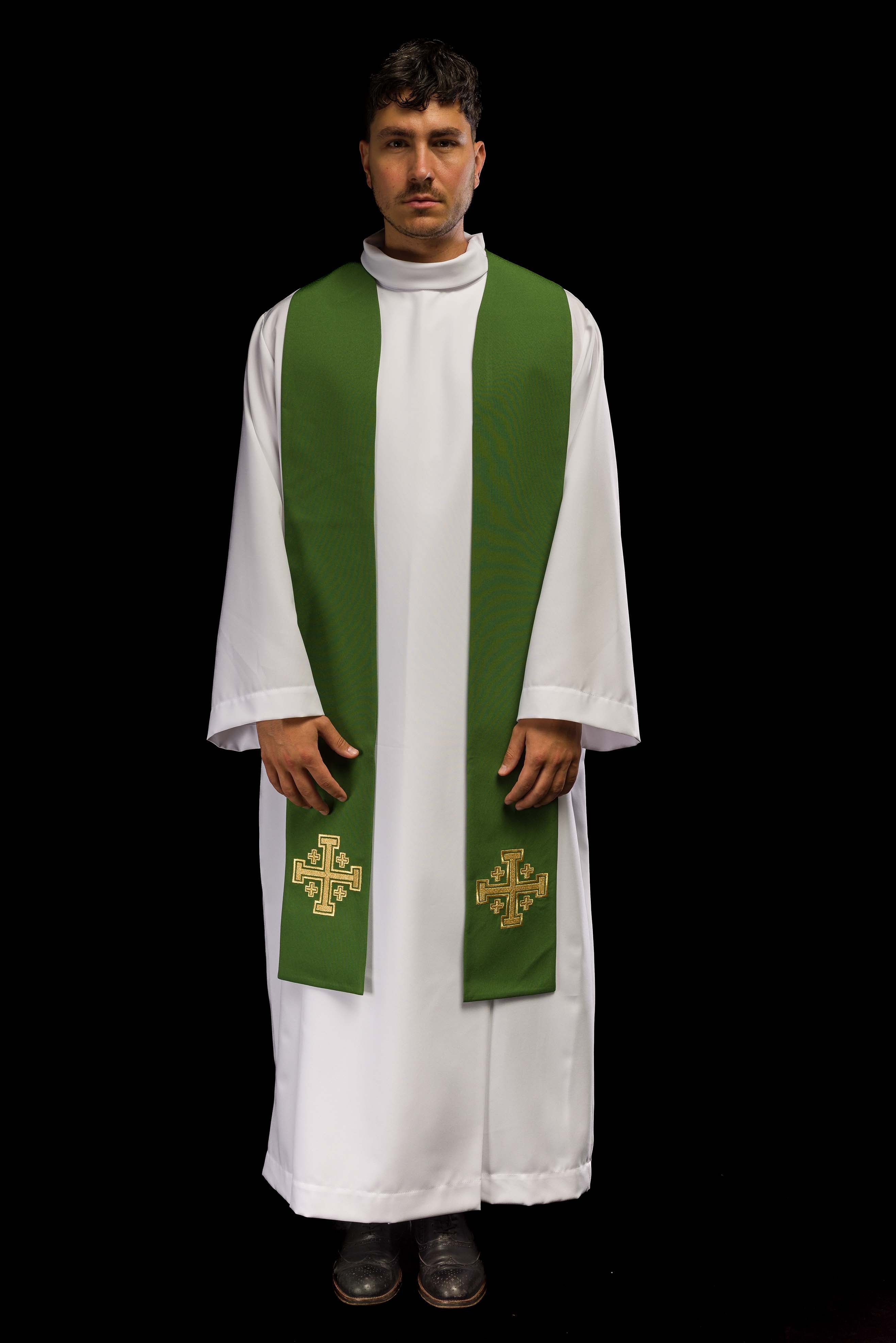Embroidered green priest's stole Jerusalem cross