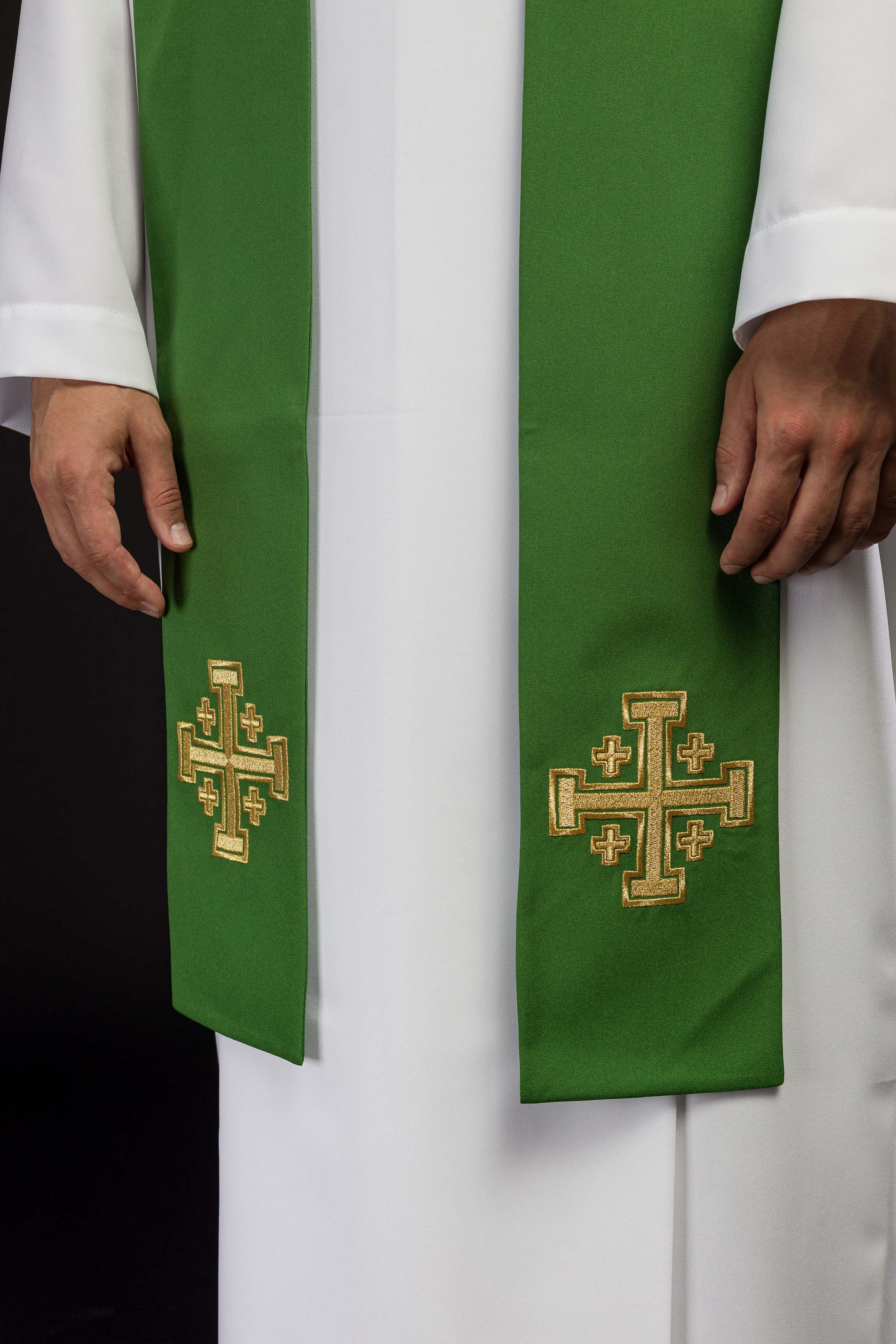 Embroidered green priest's stole Jerusalem cross