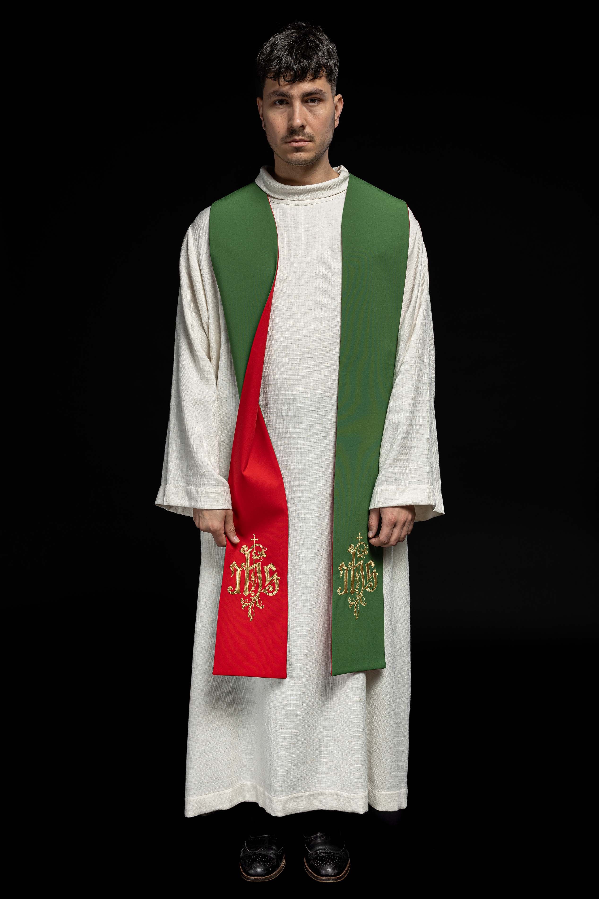 Two-sided embroidered stole IHS green-red