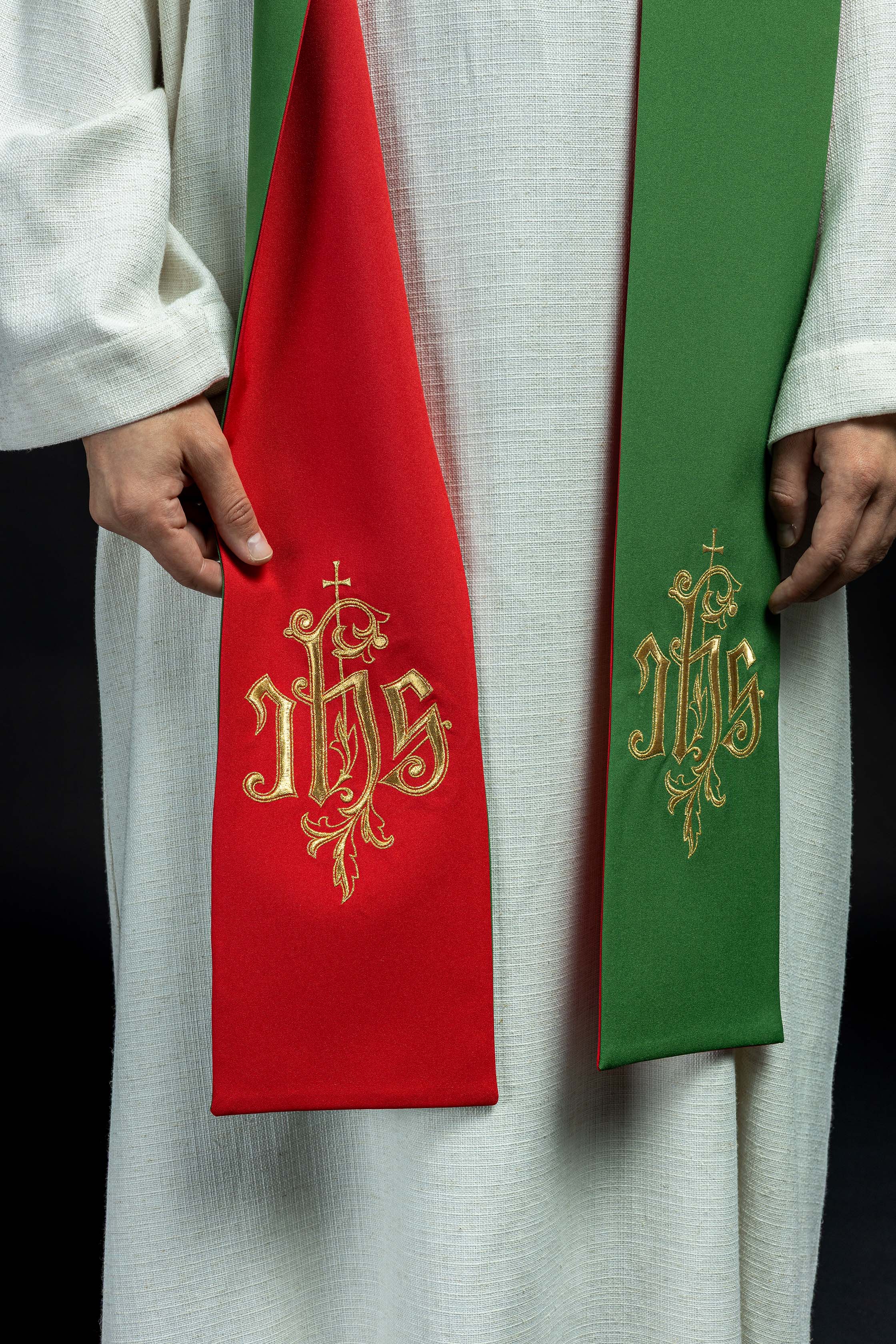 Two-sided embroidered stole IHS green-red