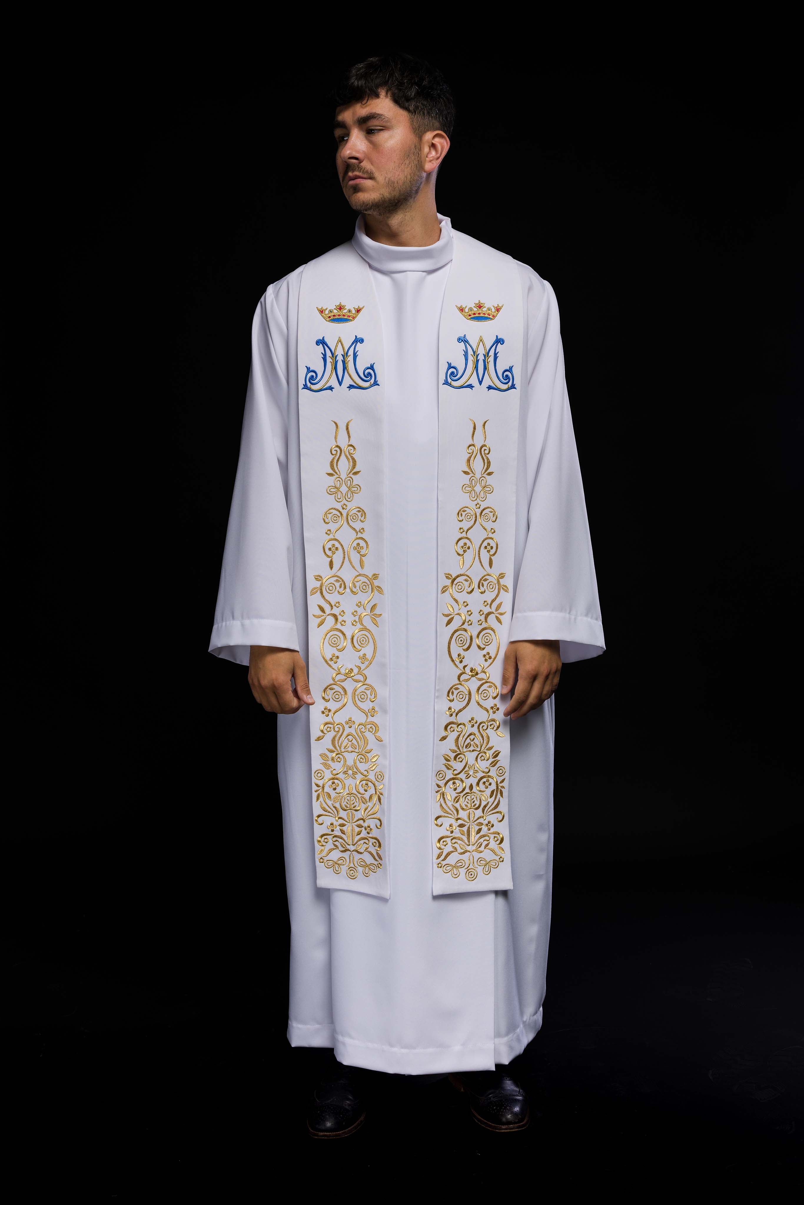 Embroidered white Marian priest's stole
