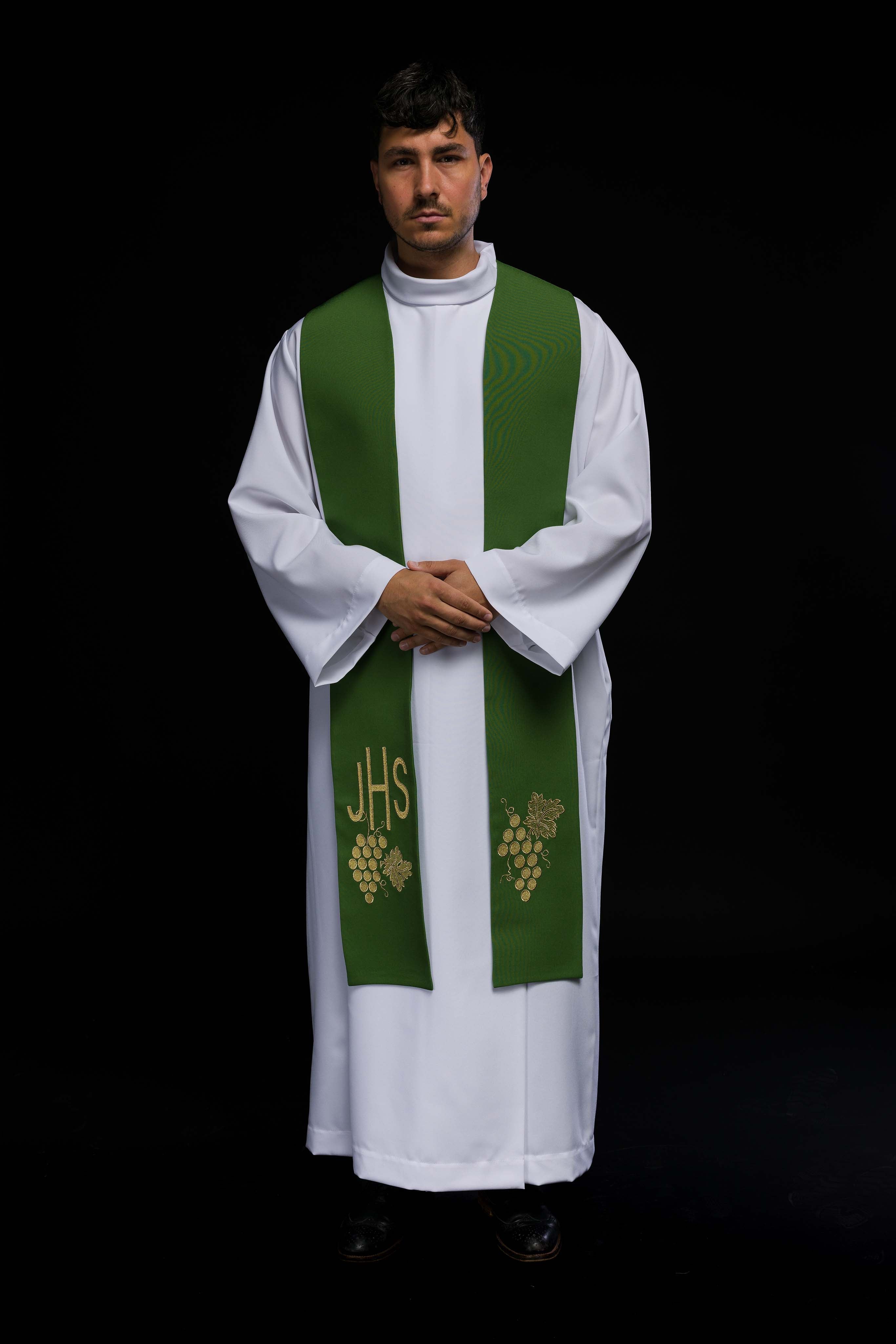 Green embroidered IHS priest's stole with grapes