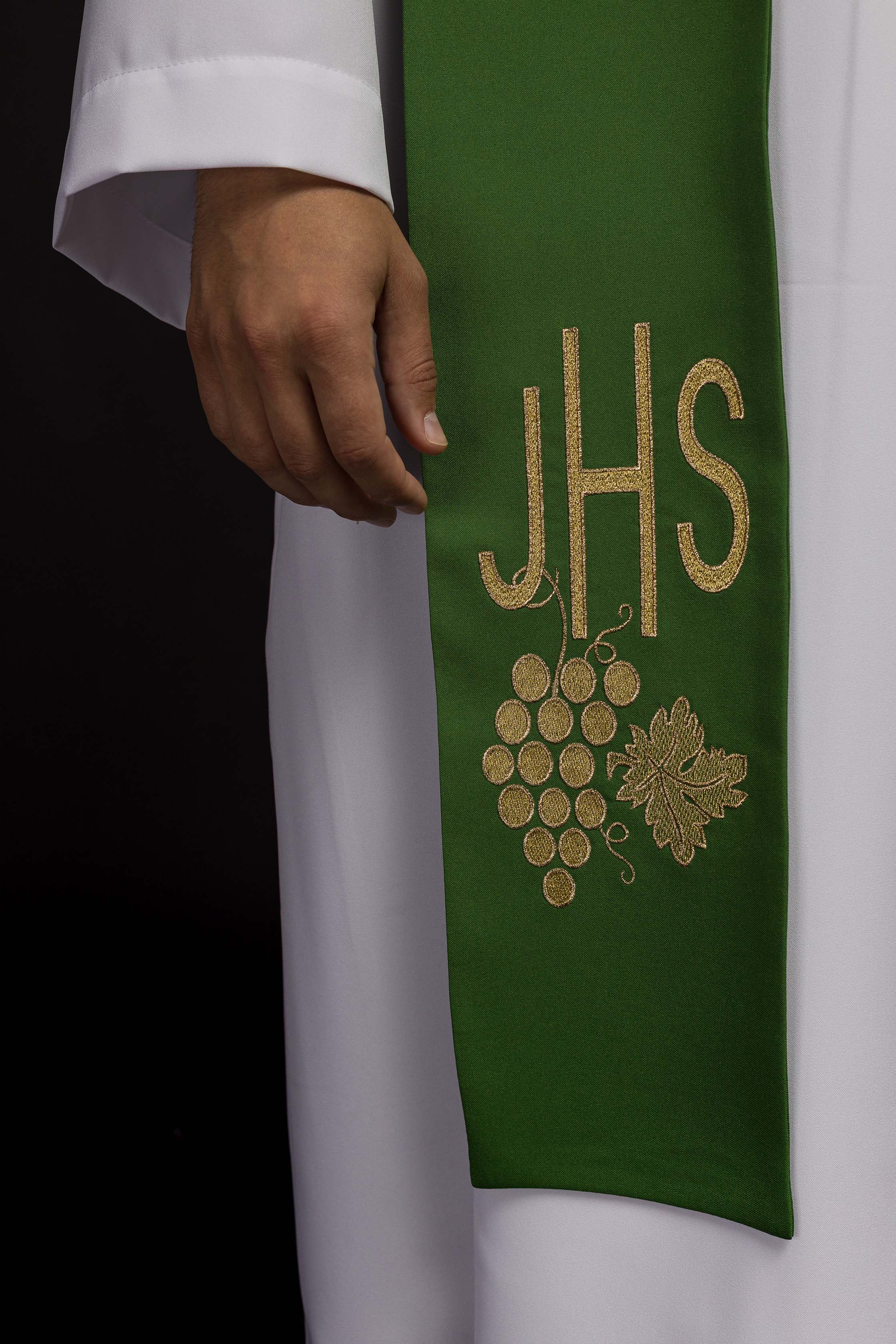 Green embroidered IHS priest's stole with grapes