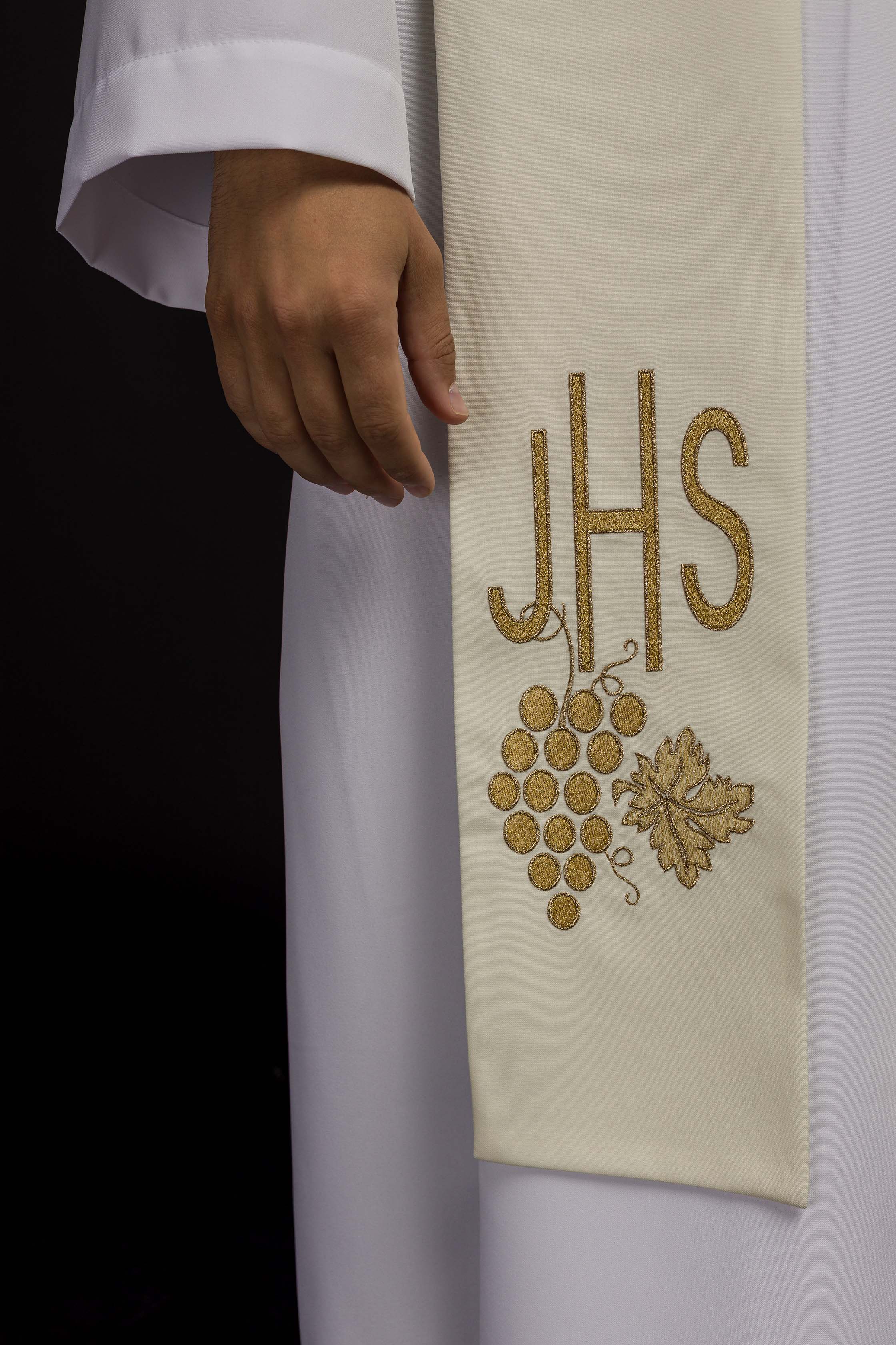 IHS embroidered priest's stole with ecru grapes
