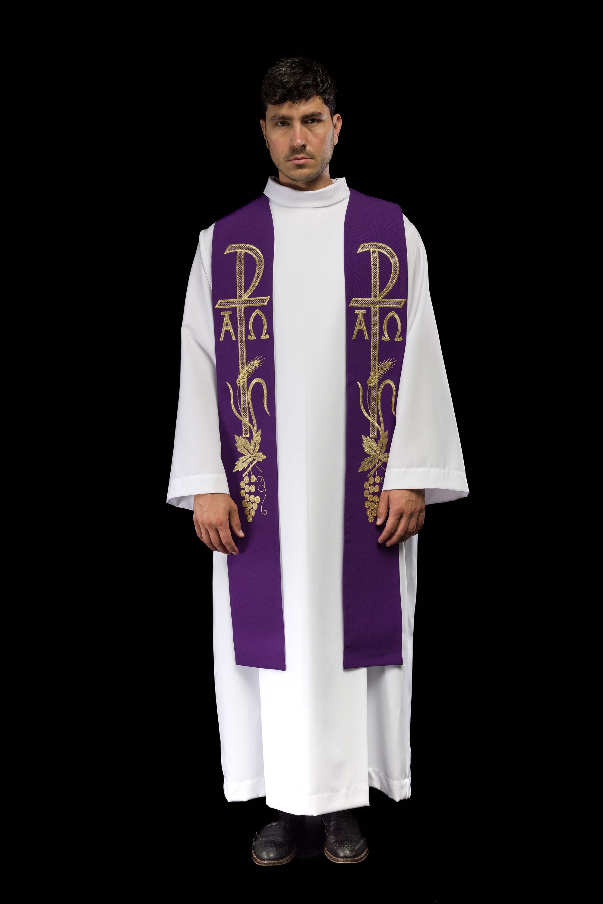 Alpha and Omega embroidered purple priest's stole