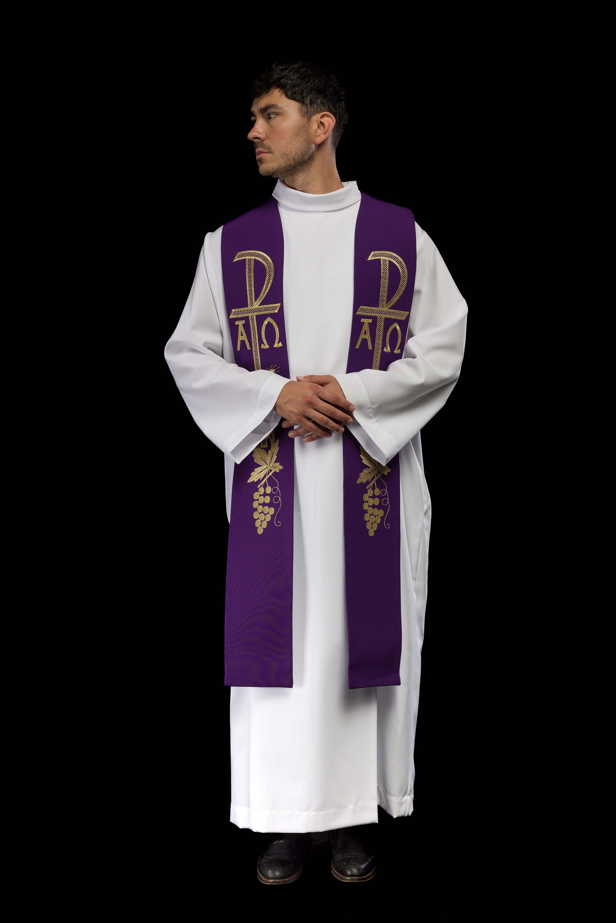 Alpha and Omega embroidered purple priest's stole