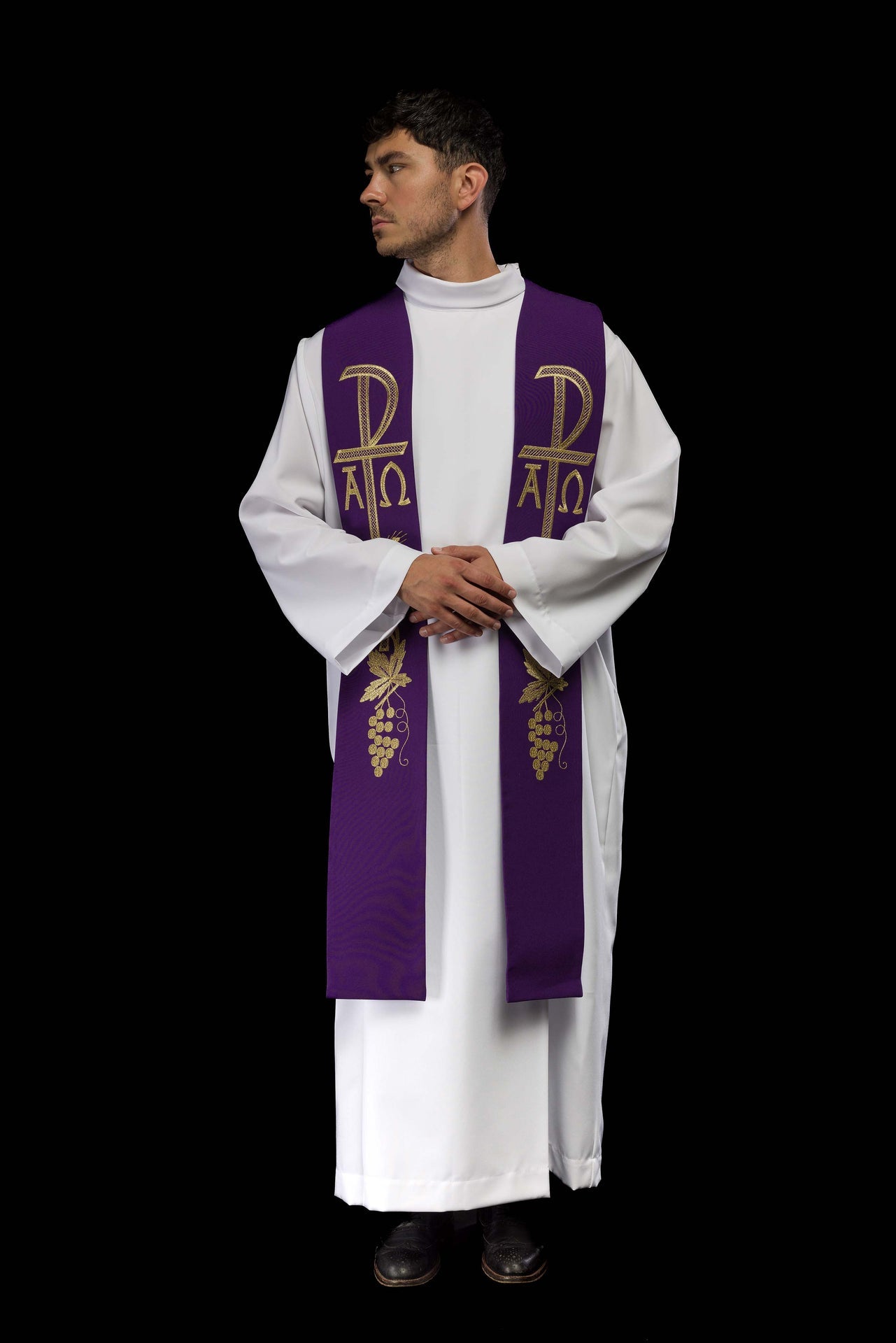Stuła kapłańska fioletowa haftowana Alfa i Omega - ORNATY.PL