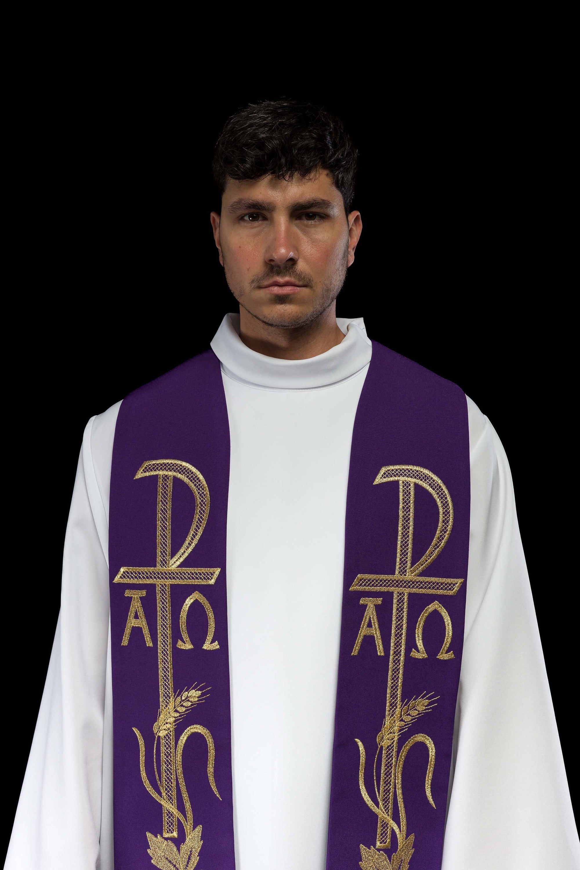 Alpha and Omega embroidered purple priest's stole