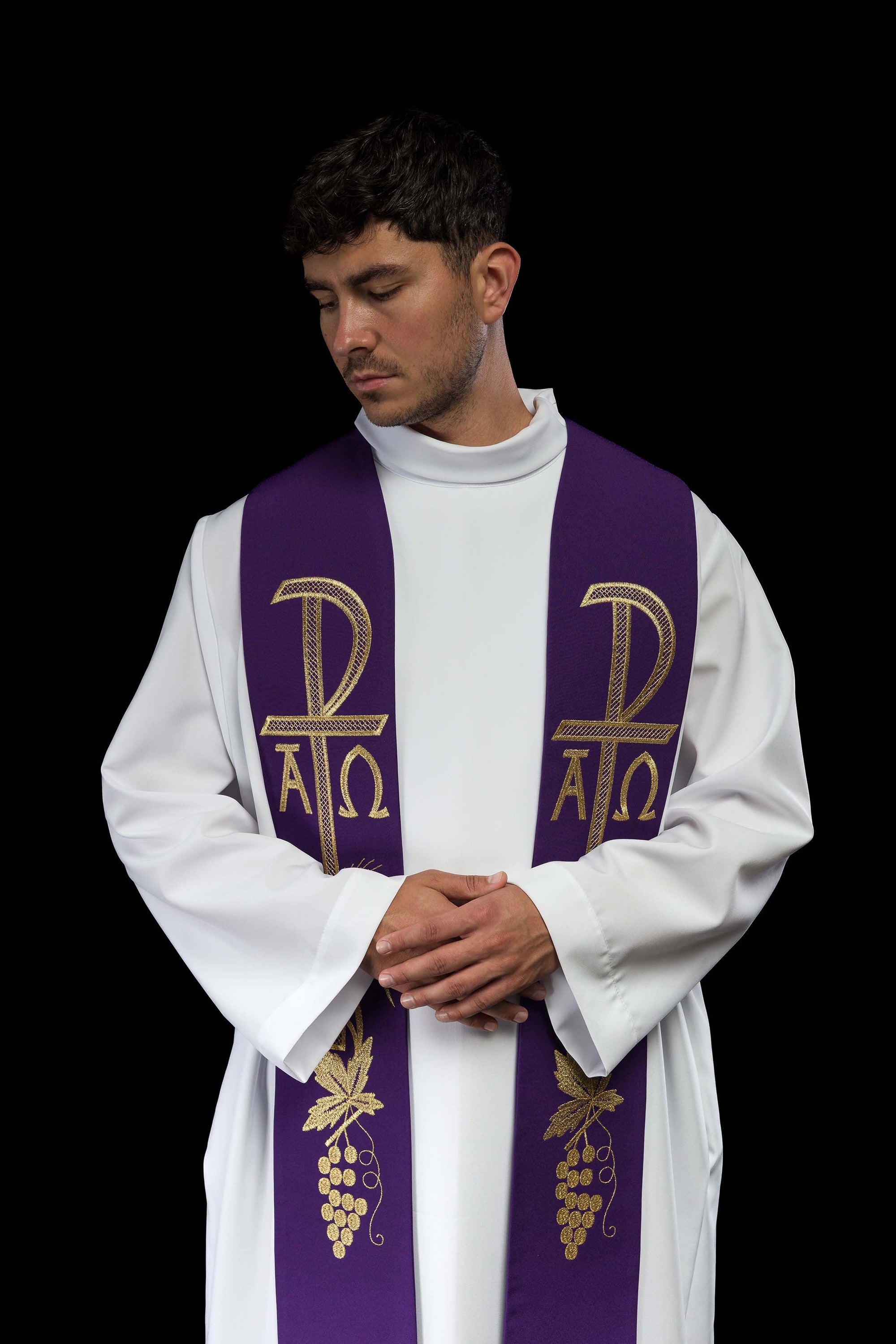 Alpha and Omega embroidered purple priest's stole