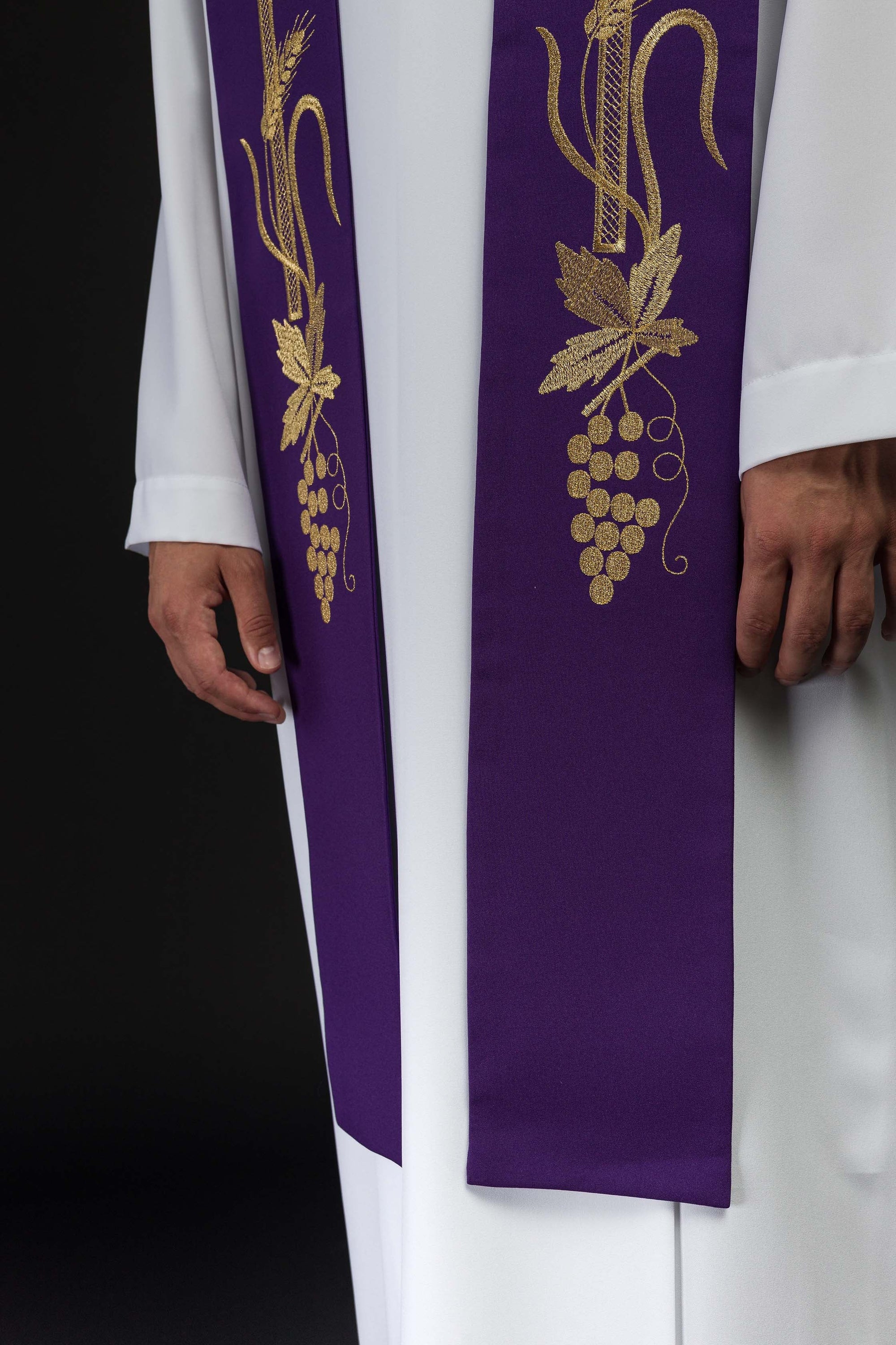 Alpha and Omega embroidered purple priest's stole