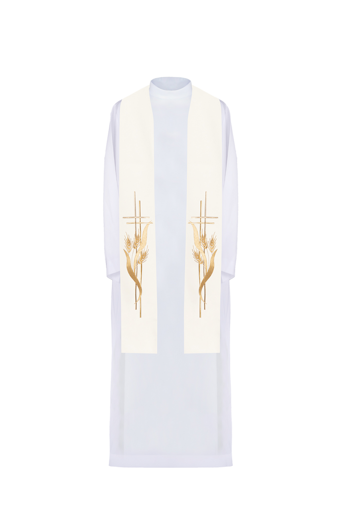 Stuła kapłańska haftowana z zdobionym krzyżem w kolorze ecru - ORNATY.PL