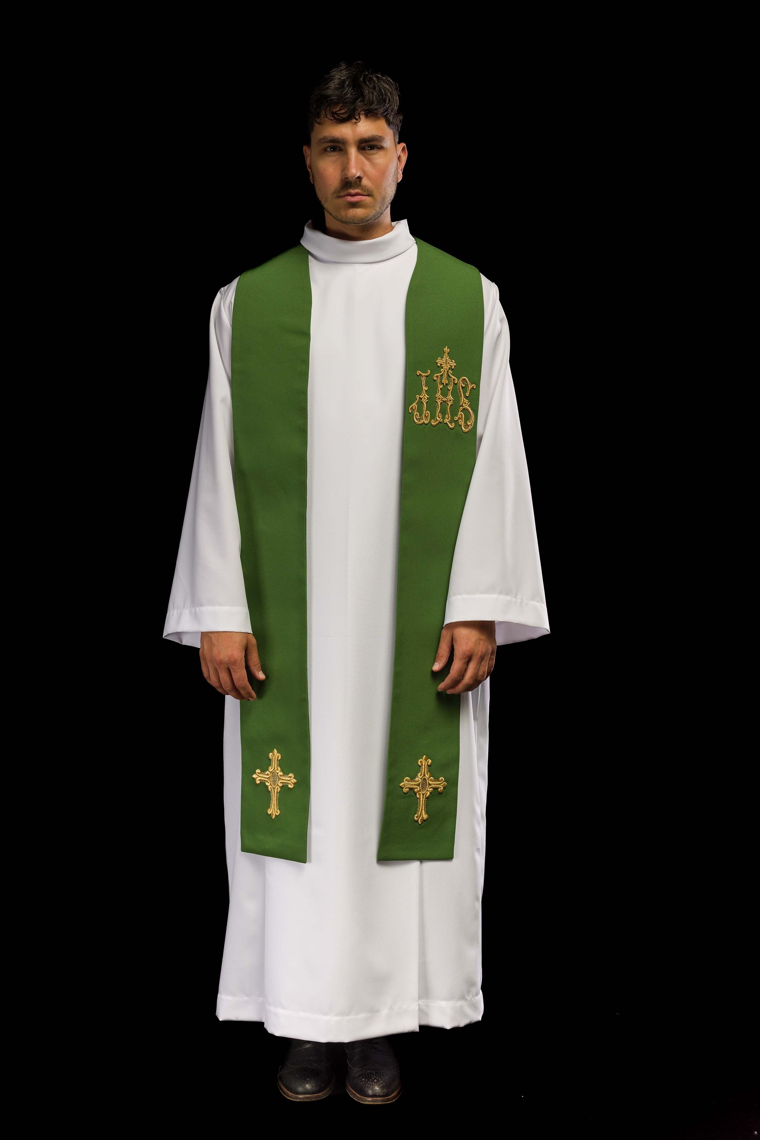 Green priest's stole embroidered with cross and IHS Green