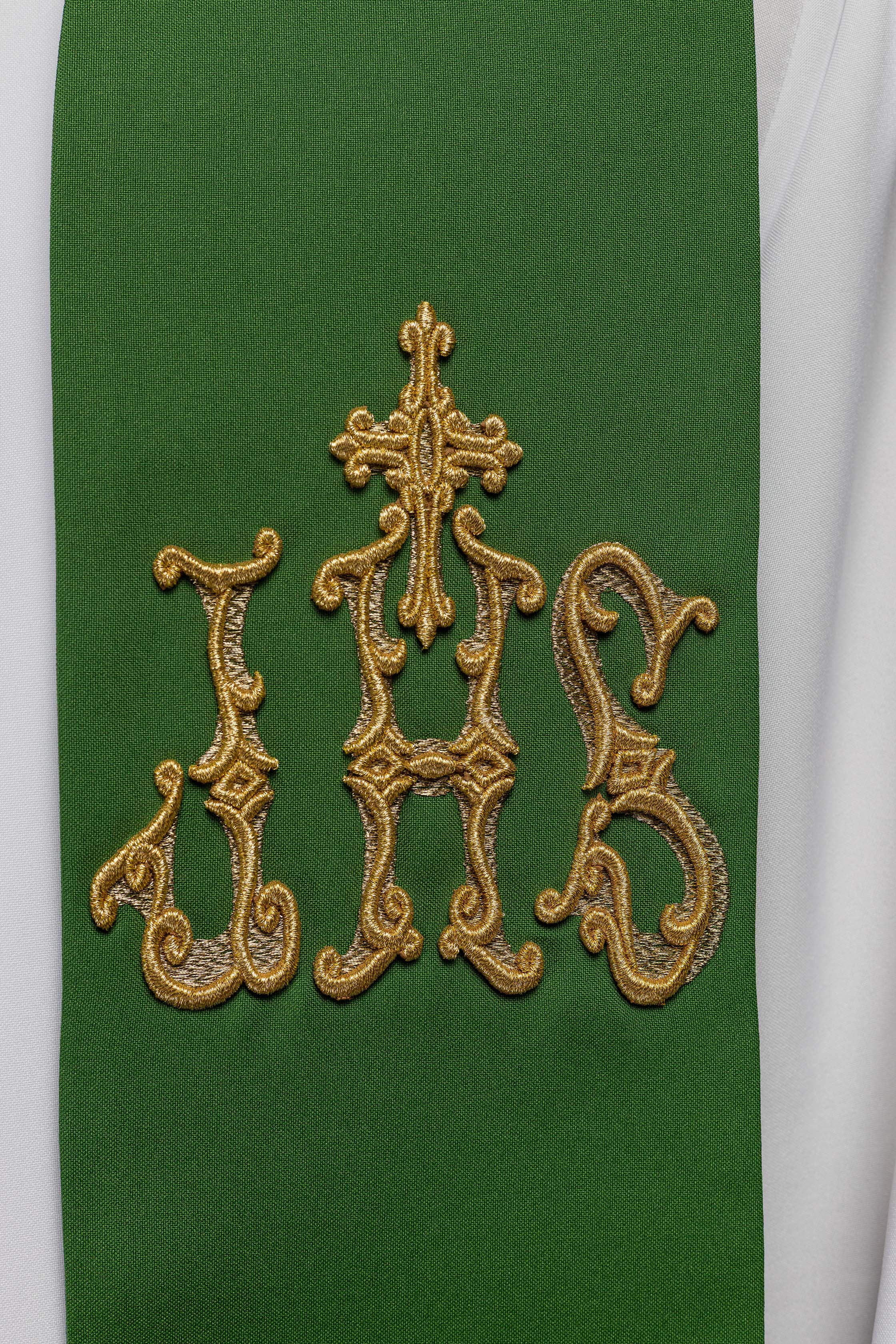 Green priest's stole embroidered with cross and IHS Green