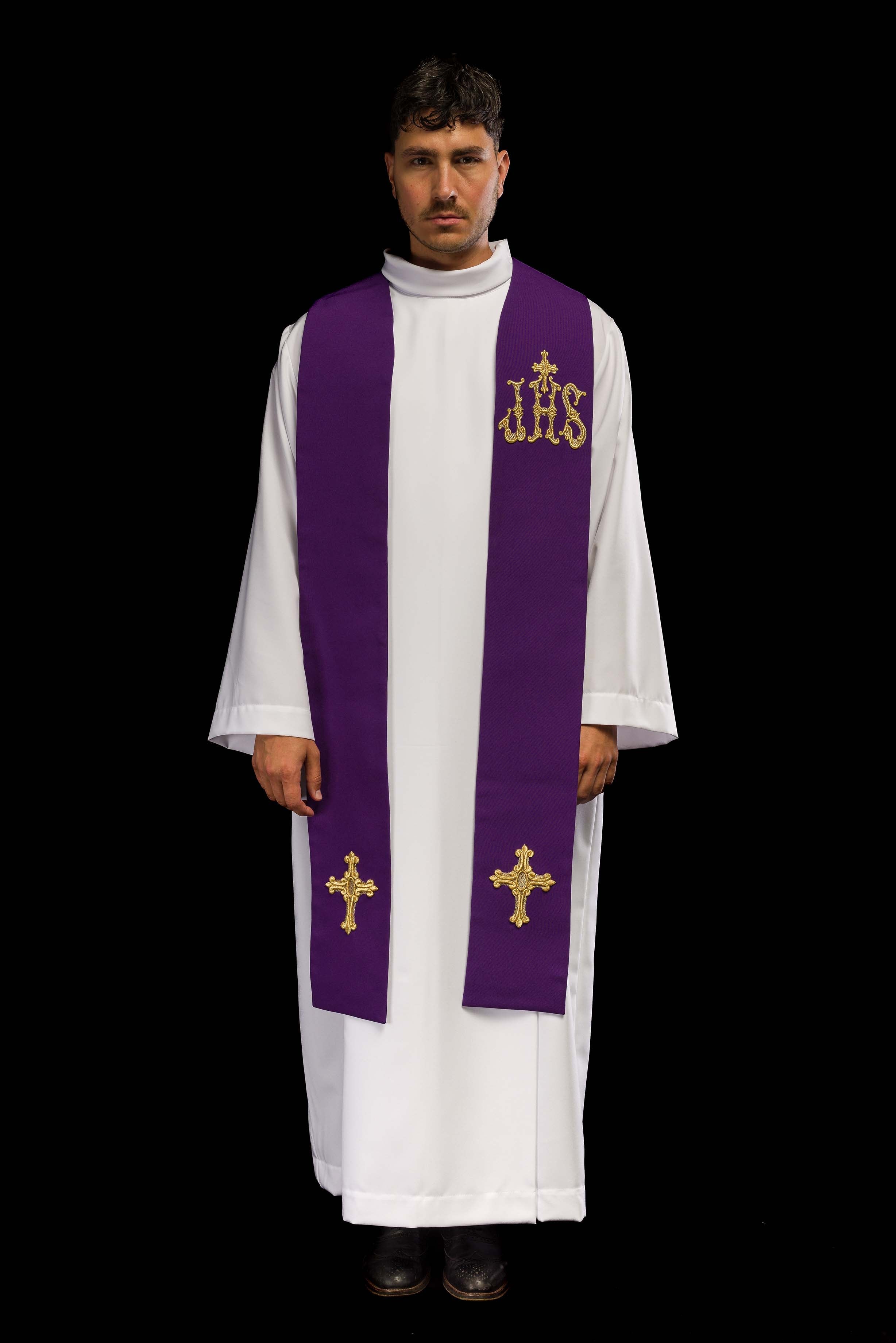 Purple priest's stole embroidered with cross and IHS
