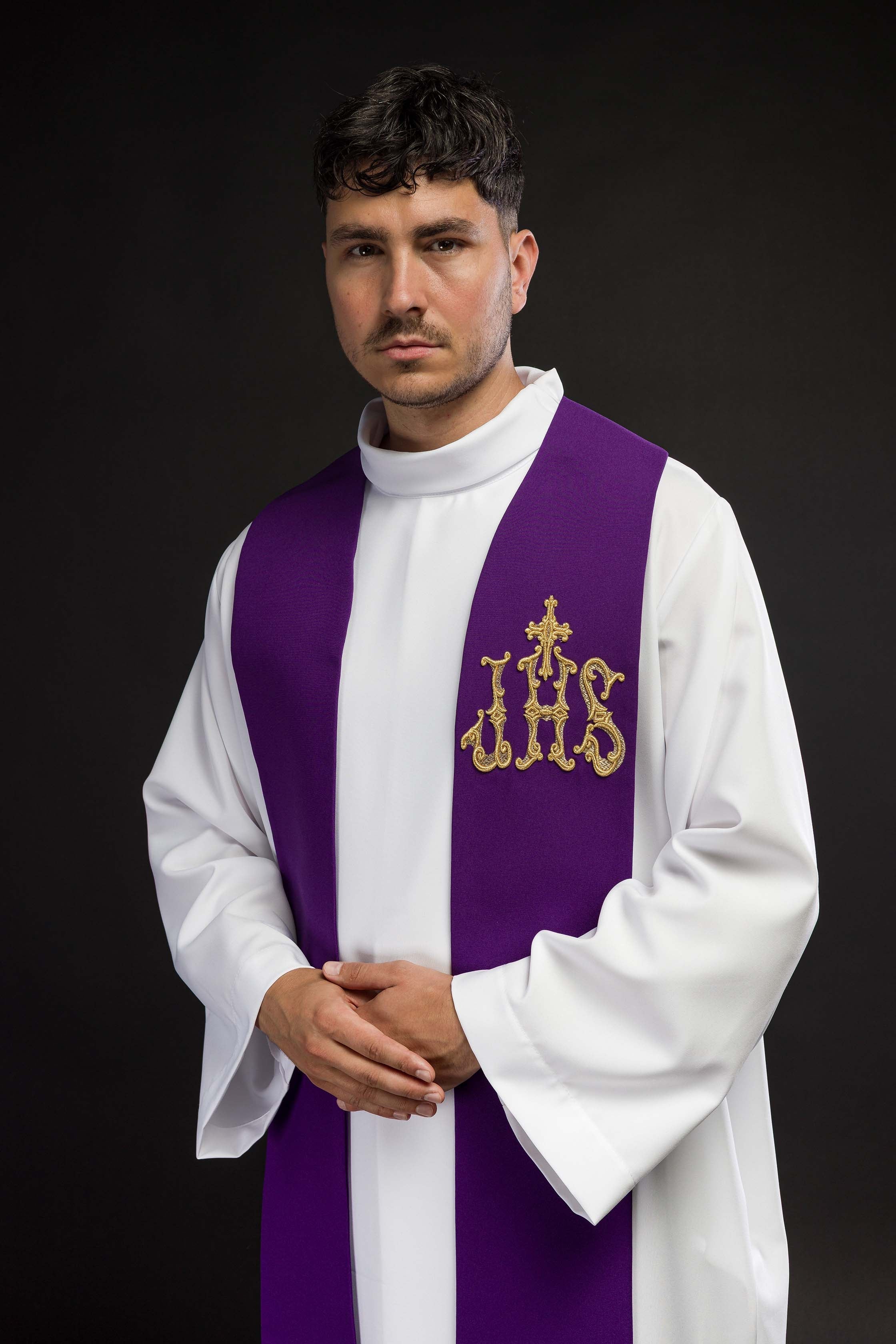 Purple priest's stole embroidered with cross and IHS