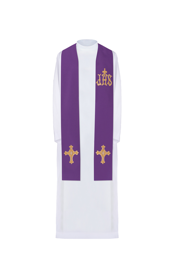Stuła kapłańska fioletowa haftowana krzyż i IHS