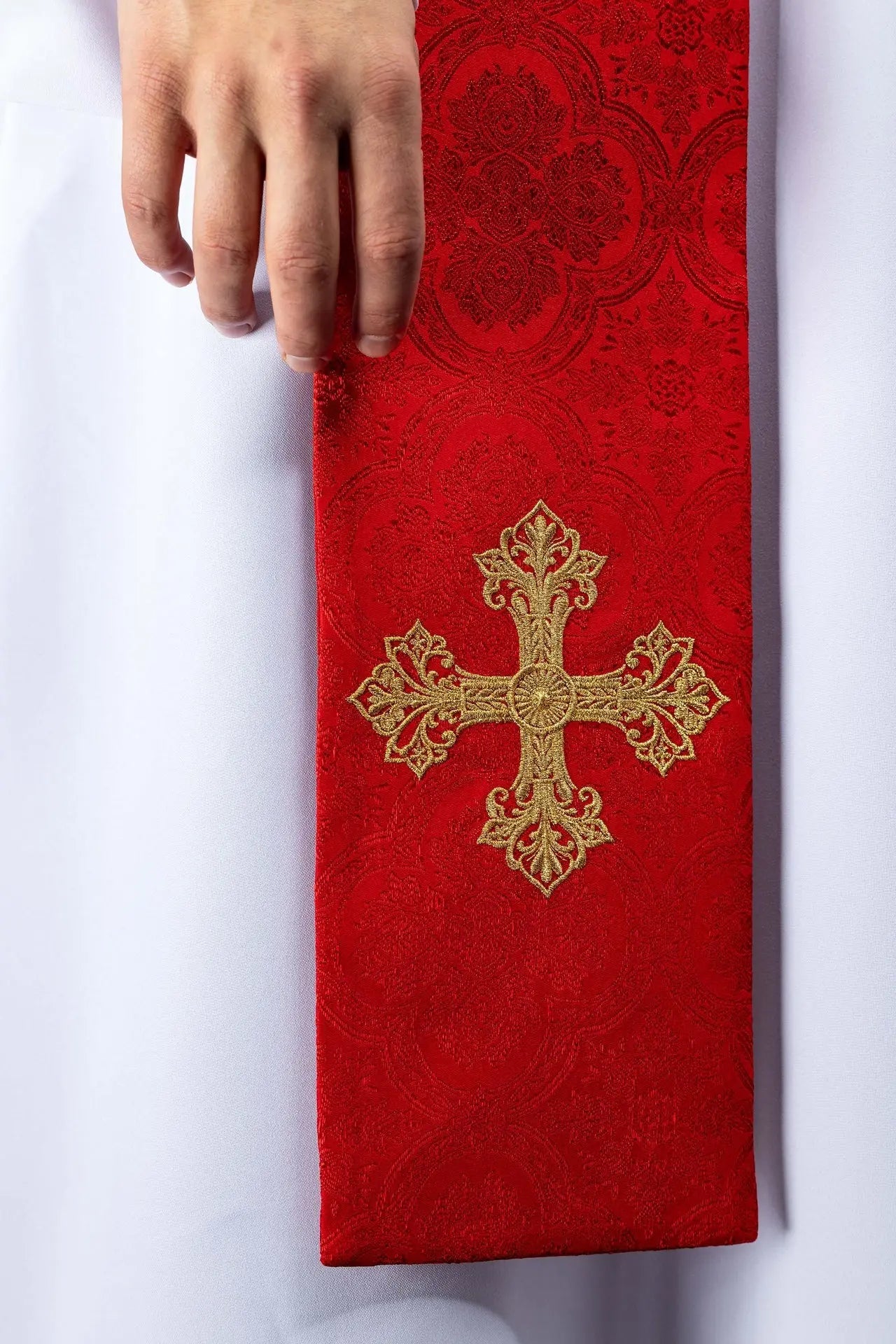 Red Jacquard Stole with Gold Cross Embroidery