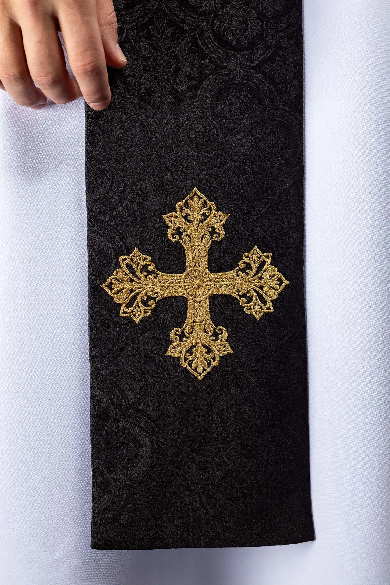 Black Jacquard Stole with Gold Cross Embroidery