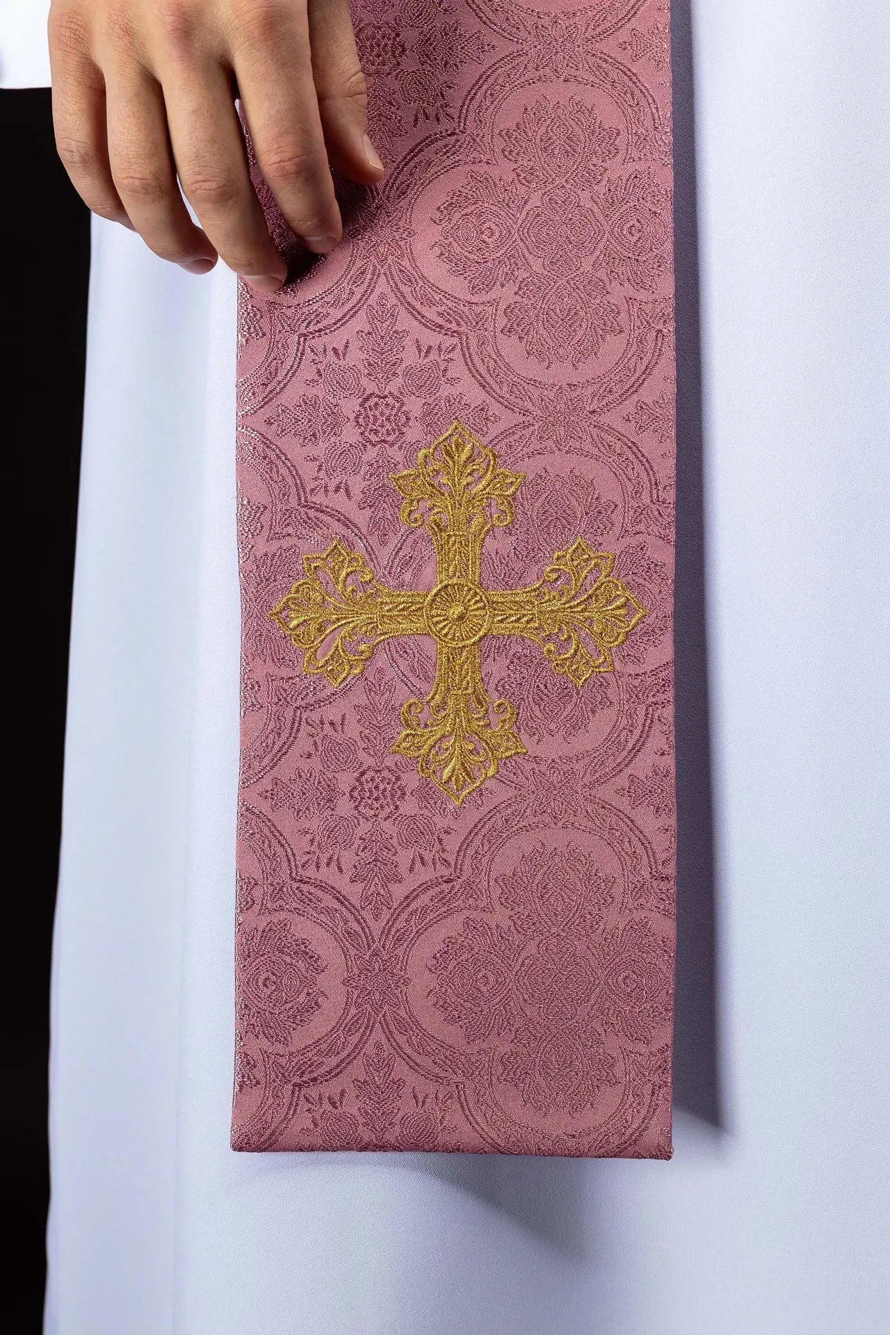 Pink Jacquard Stole with Gold Cross Embroidery