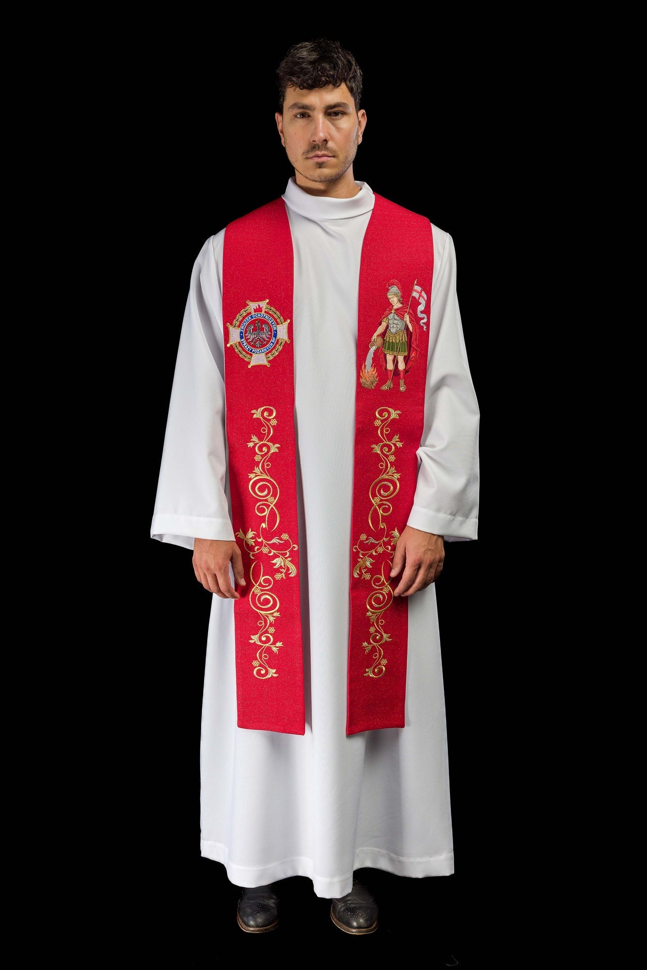 Stuła bogato haftowana z wizerunkiem Świętego Floriana - ORNATY.PL