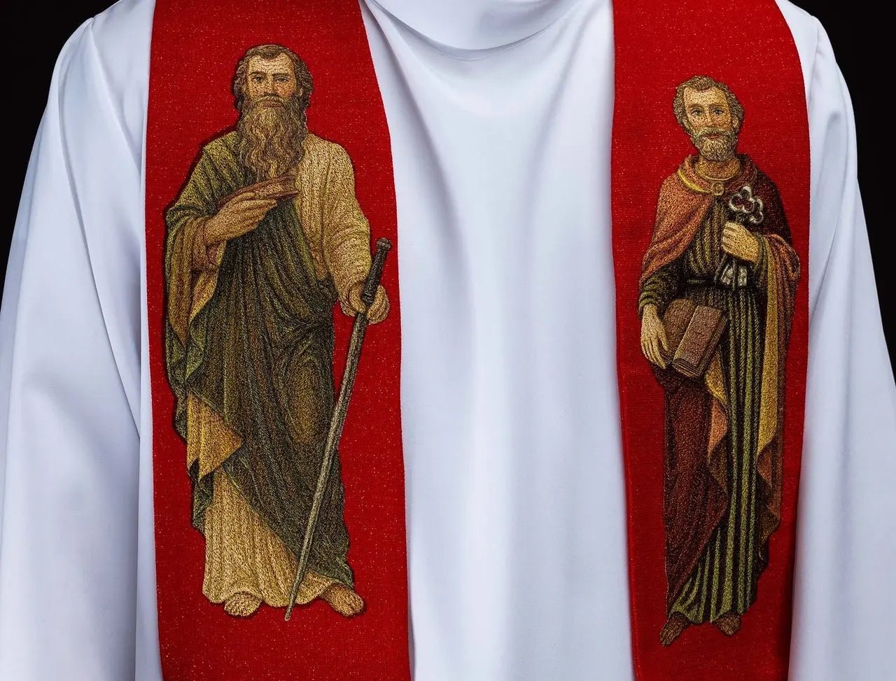 Red Stole with Embroidered Images of Saints Peter and Paul