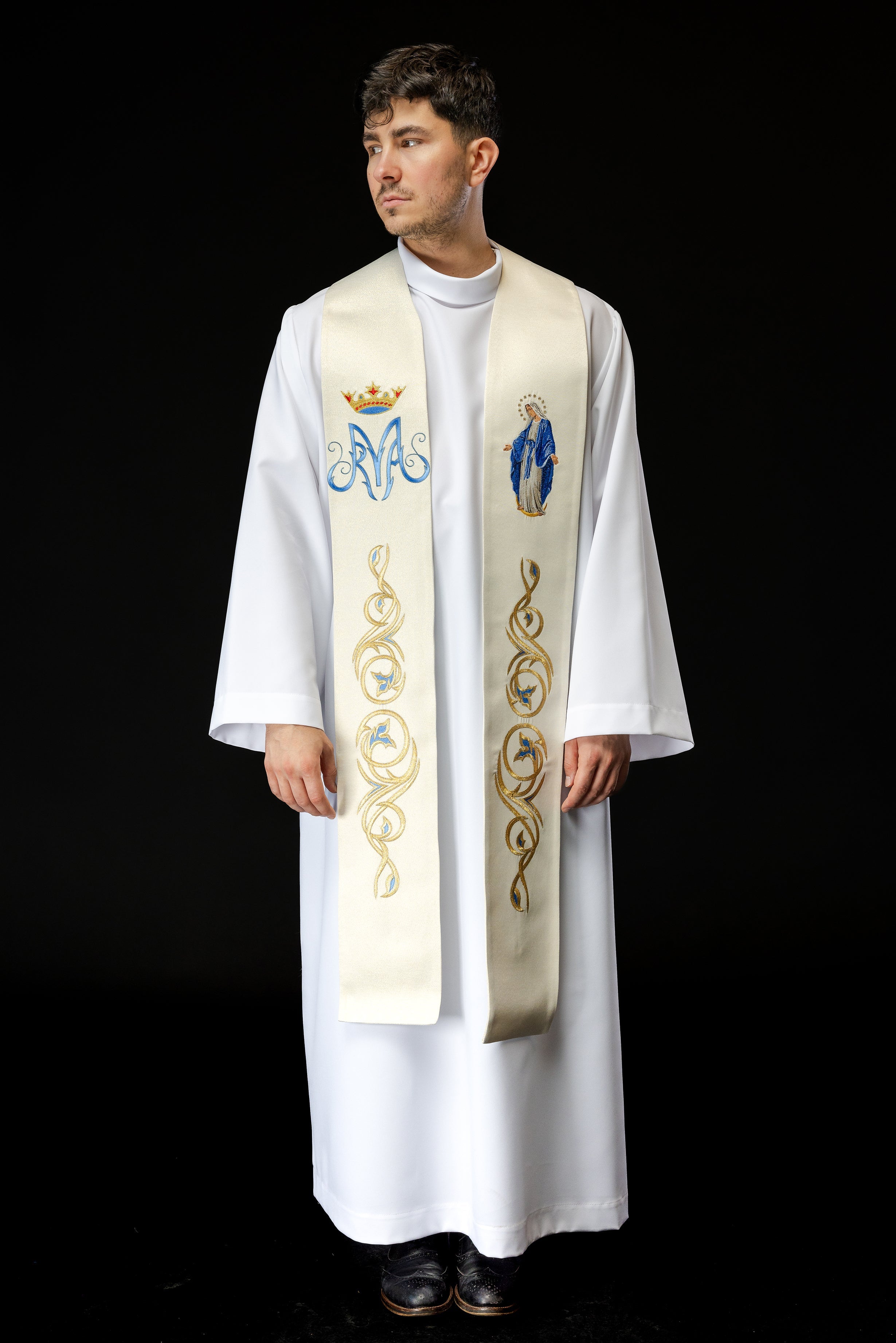 Embroidered Marian stole with the image of Our Lady Immaculate