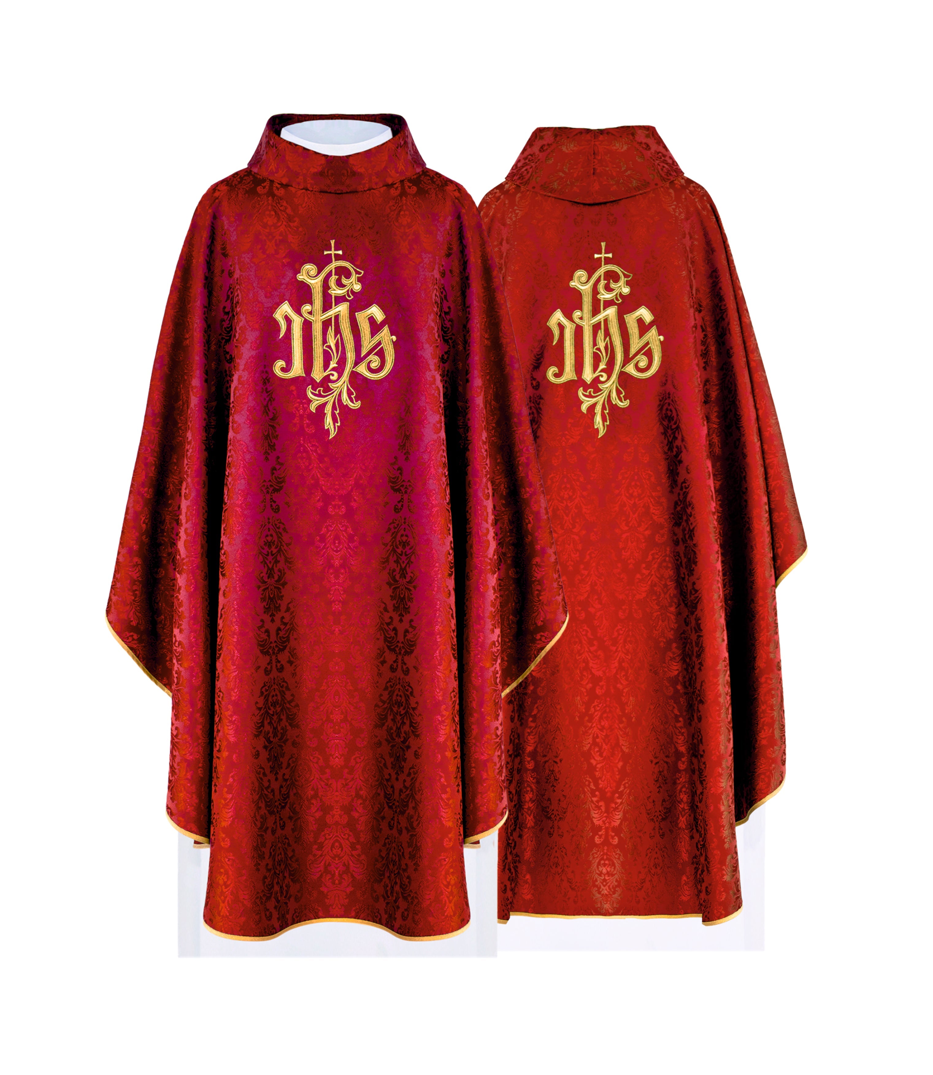 Red chasuble with embroidered IHS motif on decorative fabric