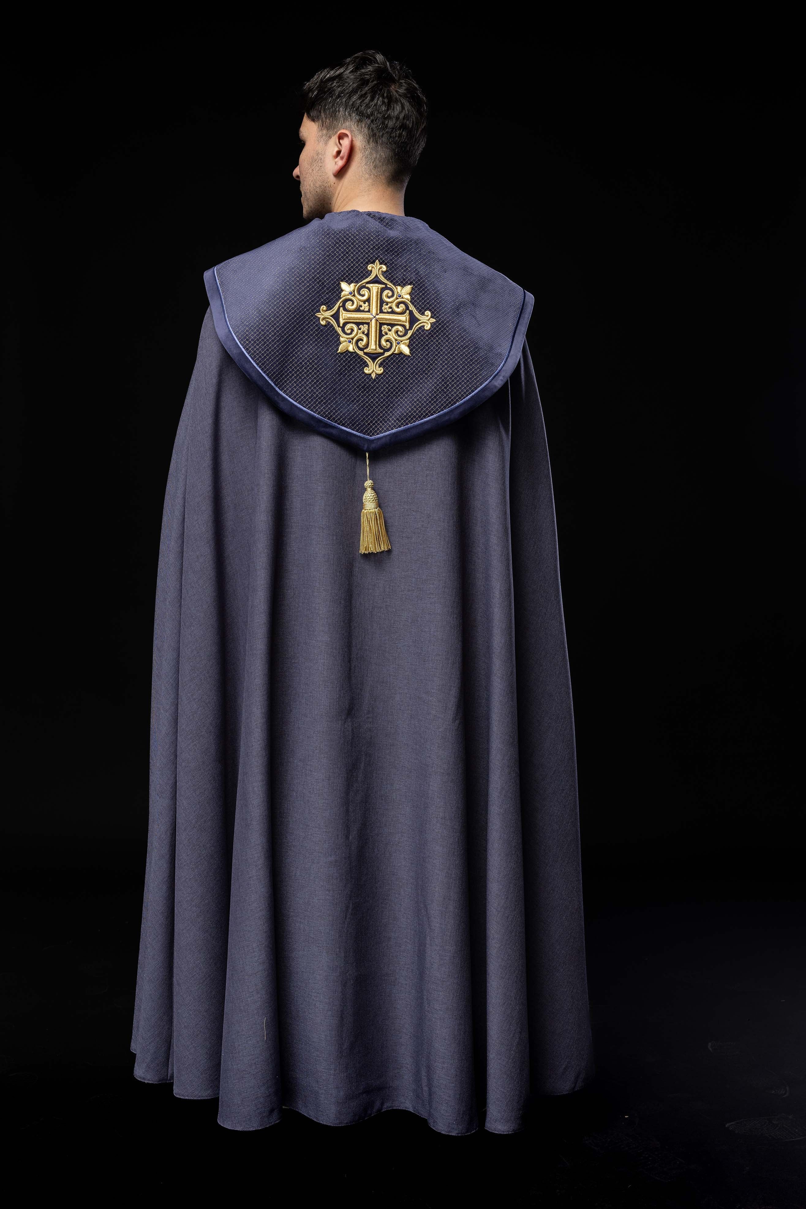 Liturgical cape with velvet purple belt and embroidery of crosses