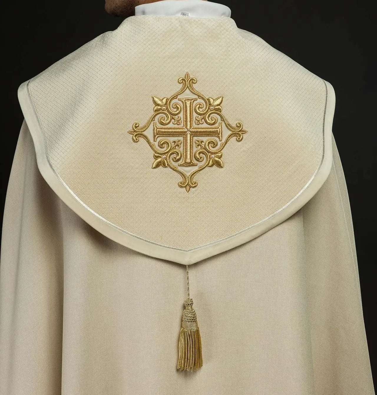 Liturgical Cope with Ecru Velvet Band and Cross Embroidery
