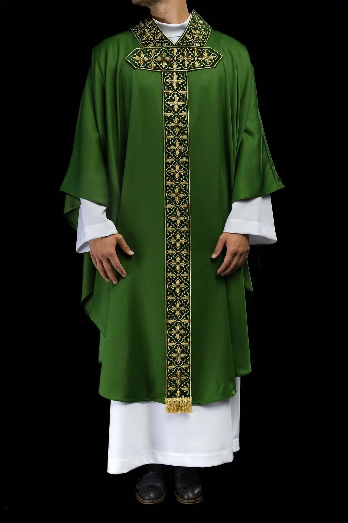 Green chasuble with hanging embroidered belt and 500 stones