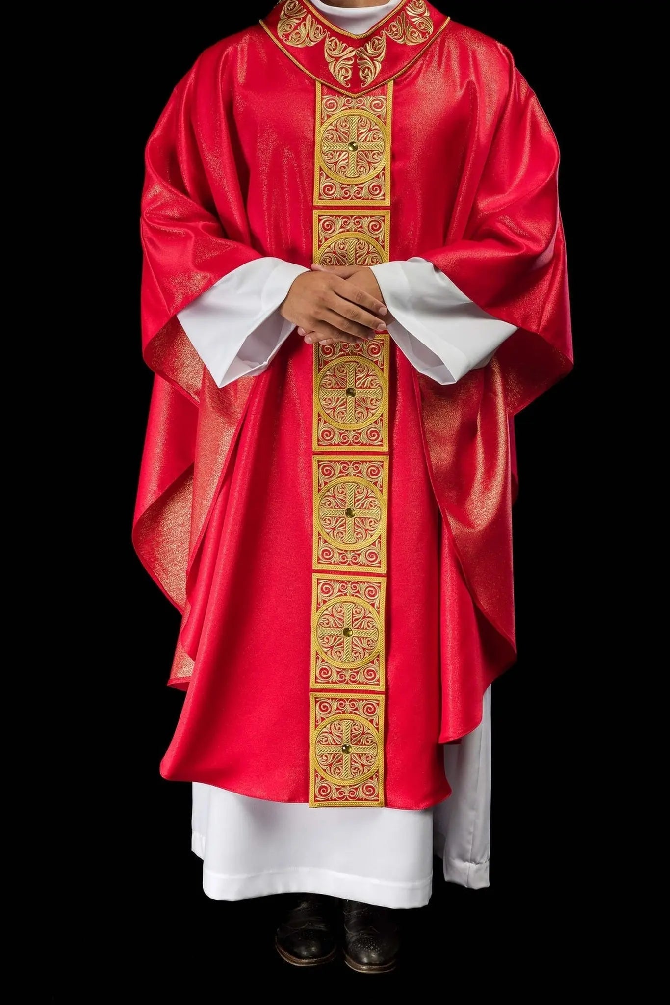 Red Chasuble with Rich Embroidery and Decorative Stones