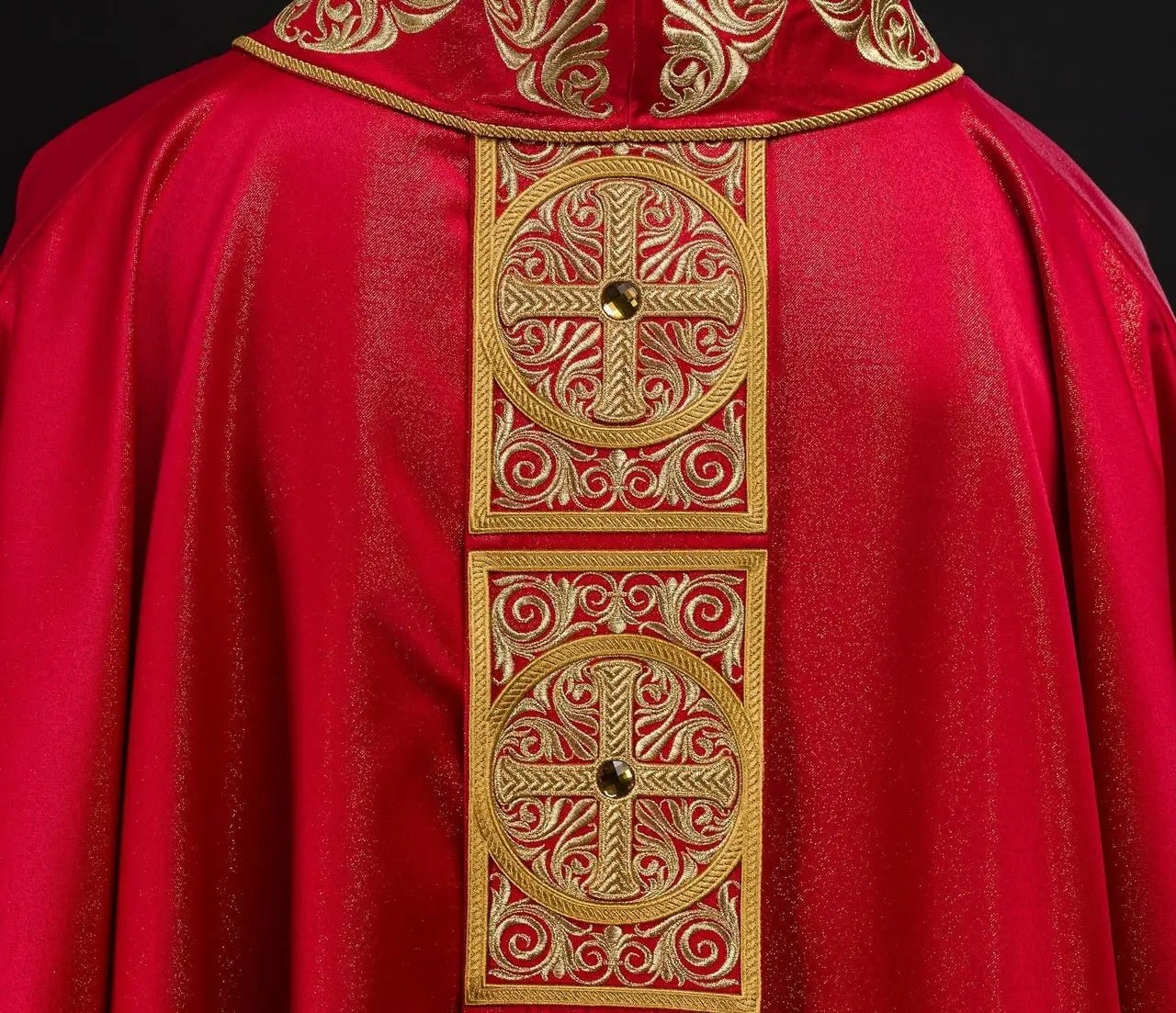 Red Chasuble with Rich Embroidery and Decorative Stones