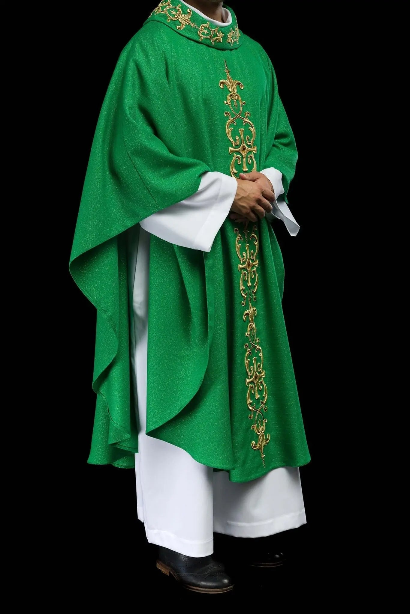 Green chasuble richly embroidered with stones