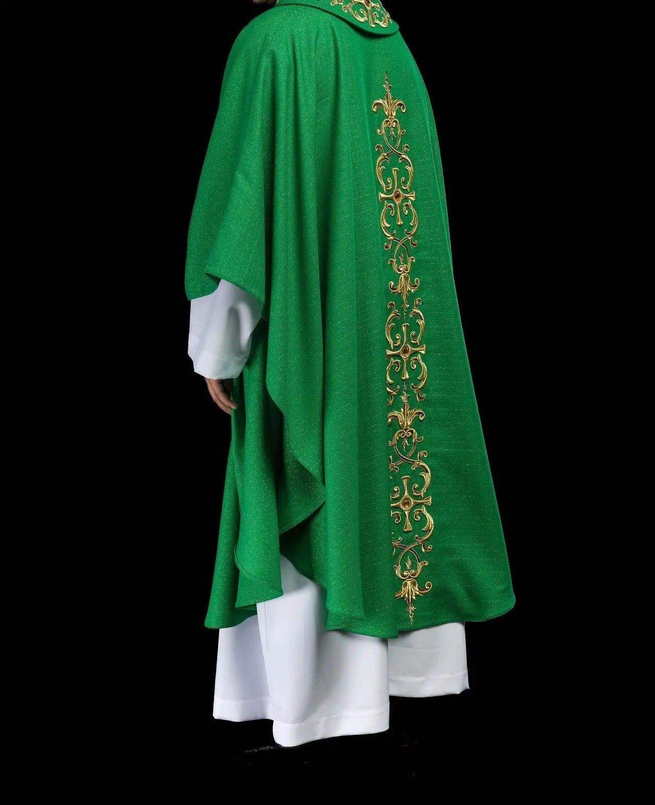 Green chasuble richly embroidered with stones