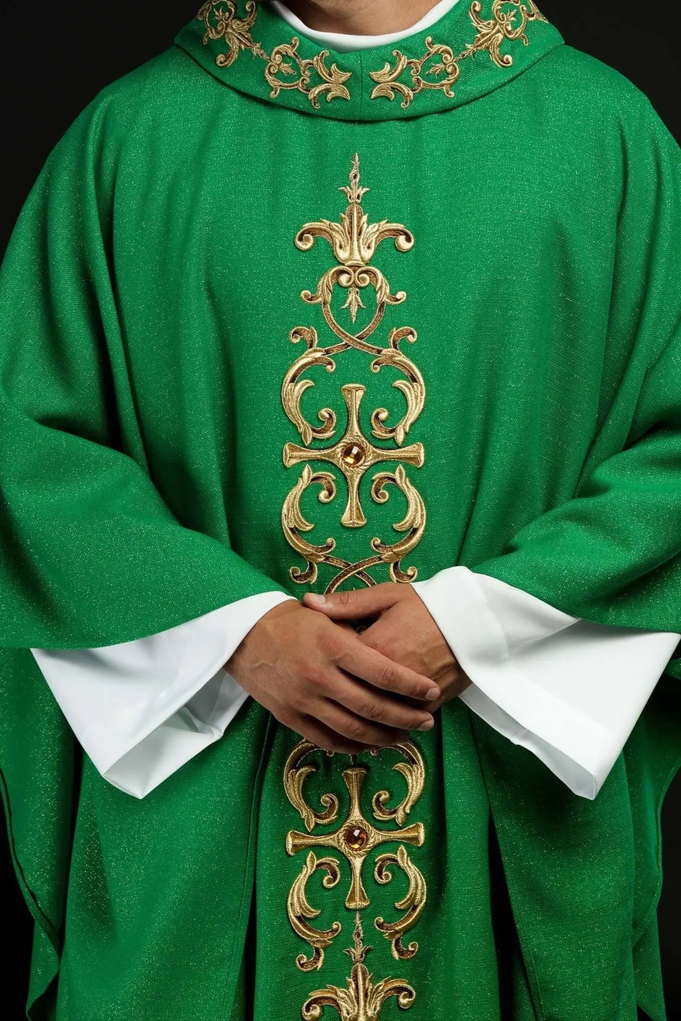 Green chasuble richly embroidered with stones