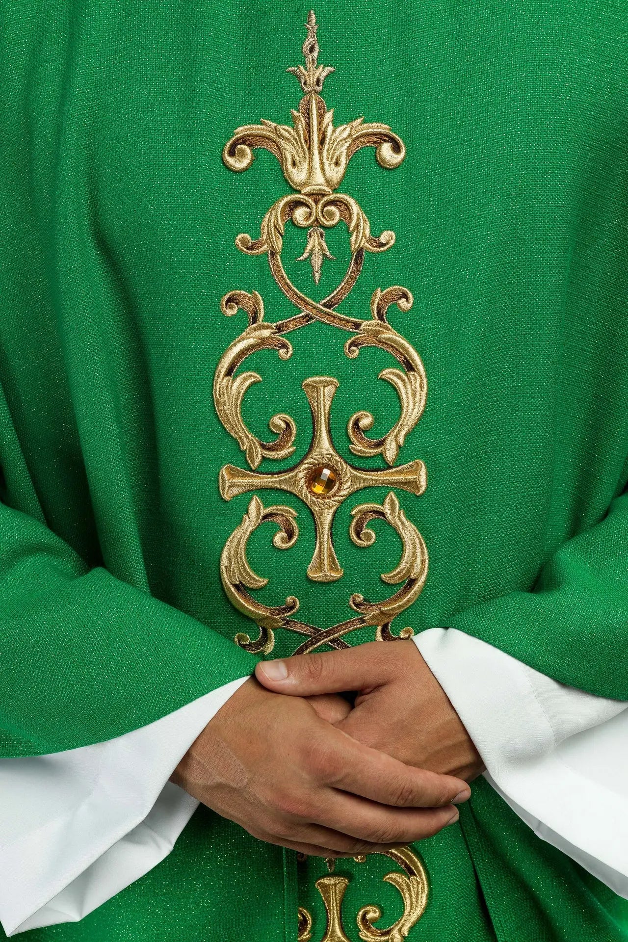 Green chasuble richly embroidered with stones
